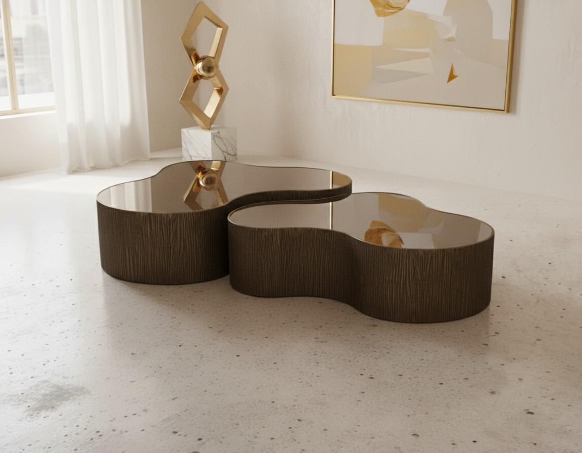 Collectional Artist Couchtisch-Paar in Bronze gerippte Textur & verspiegelte Platte im Angebot 4