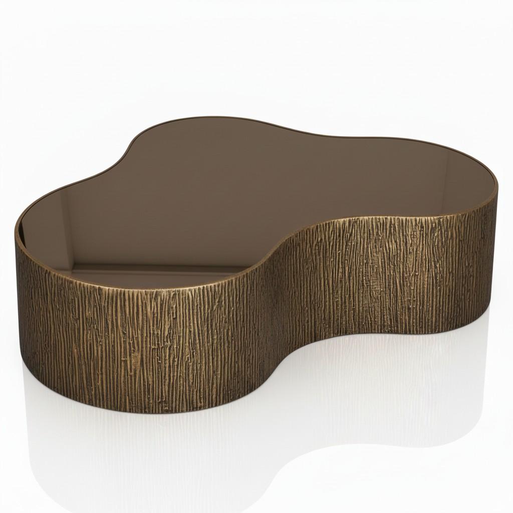 Collectional Artist Couchtisch-Paar in Bronze gerippte Textur & verspiegelte Platte (Portugiesisch) im Angebot