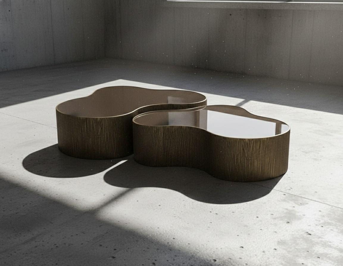 Collectional Artist Couchtisch-Paar in Bronze gerippte Textur & verspiegelte Platte (Handgefertigt) im Angebot