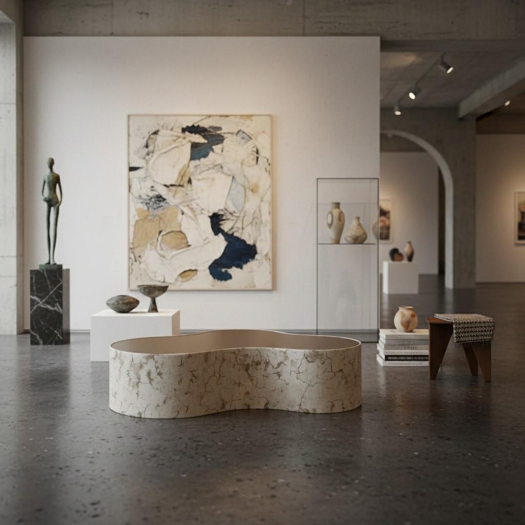 Portoghese Coppia di tavolini da caffè d'artista da collezione con finitura in gesso invecchiato e crepato in vendita