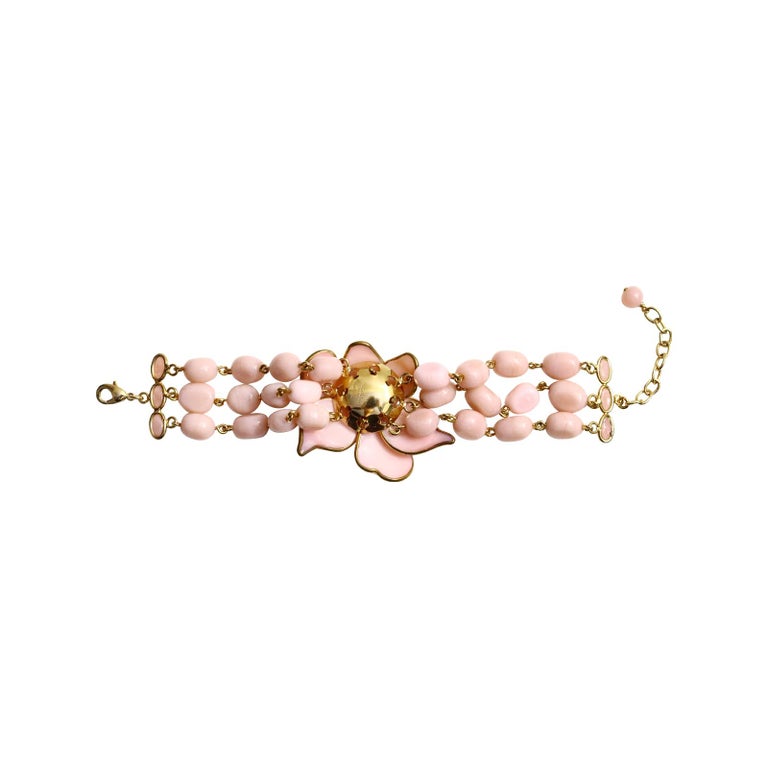 Collectible Augustine Gold Tone Pink Flower Pate De Verre Bracelet Circa 2000s For Sale 7