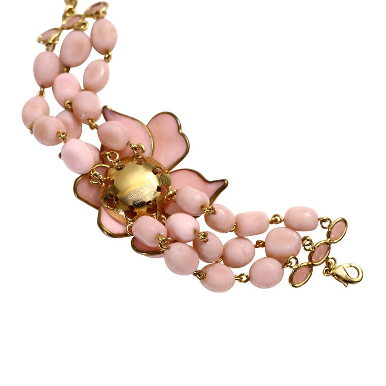 Collectible Augustine Gold Tone Pink Flower Pate De Verre Bracelet Circa 2000s For Sale 8