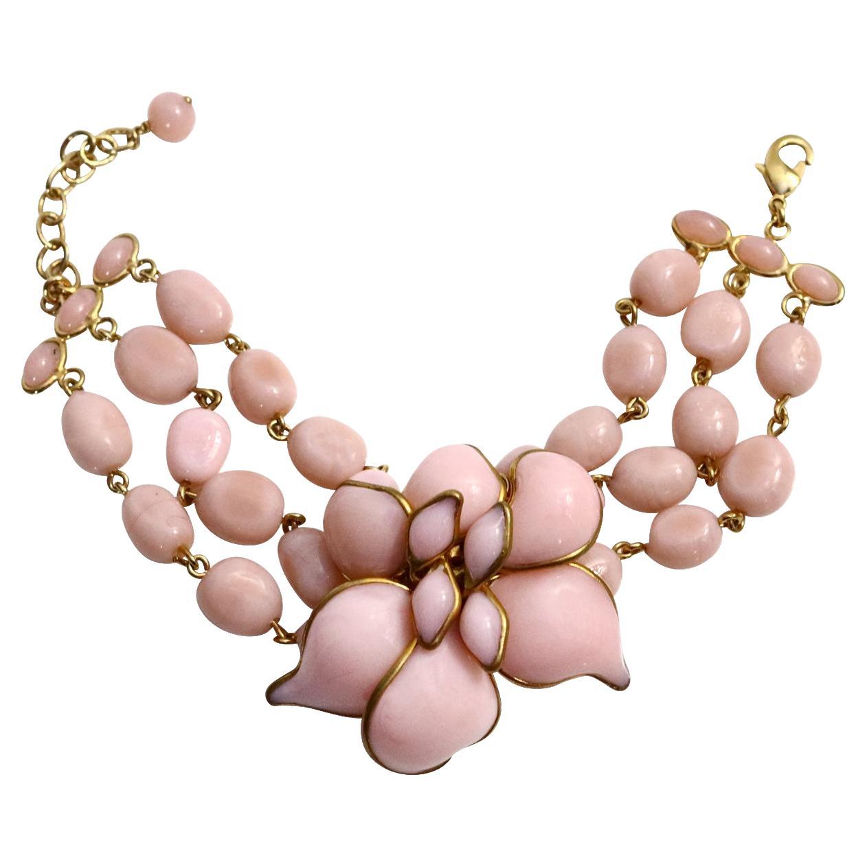 Collectible Augustine Gold Tone Pink Flower Pate De Verre Bracelet Circa 2000s