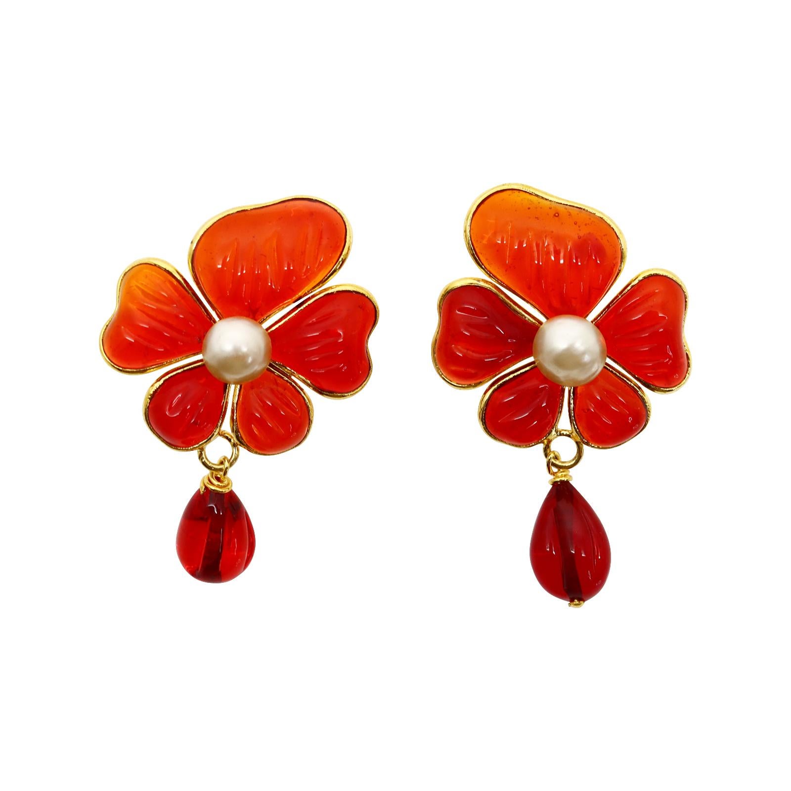 Modern Collectible Augustine Gripoix Red Pate De Verre Dangling Earrings Circa 2000s For Sale