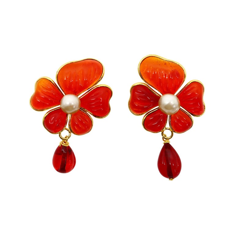 Women's or Men's Collectible Augustine Gold Tone Red Pate De Verre Dangling Earrings For Sale