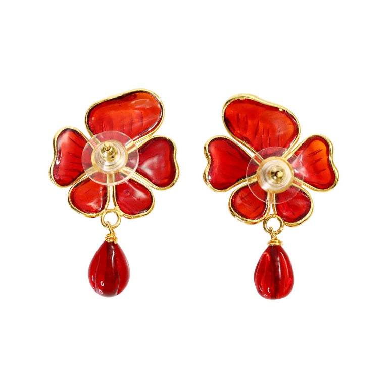 Collectible Augustine Gold Tone Red Pate De Verre Dangling Earrings For Sale 1