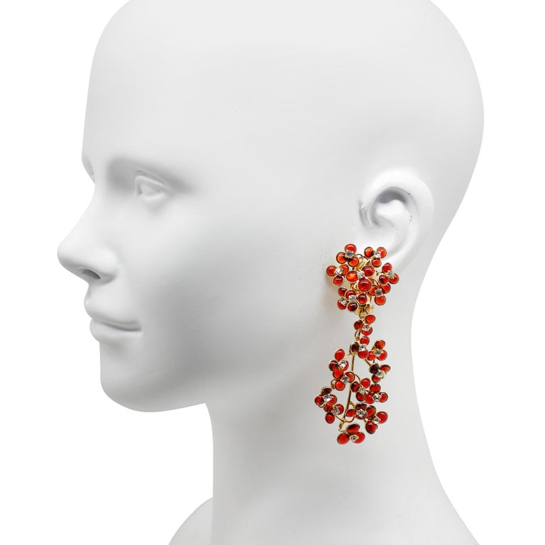 Collectible Augustine Gripoix  Pate De Verre Dangling Earrings Circa 2000s. These gorgeous Red and Diamante Pate de Verre look like creeping red flowers on a vine.  They are made in two pieces so they articulate well.  The top piece clips to your