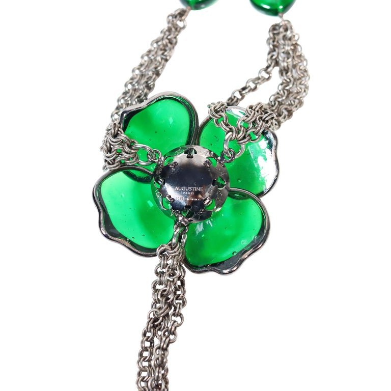 Collectible Augustine Gripooix Silver Necklace with Green Flower Circa 2000s For Sale 1