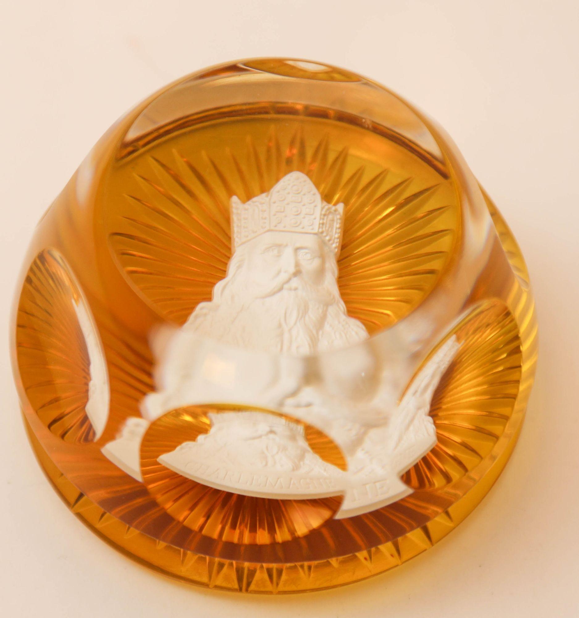 Art Deco Collectible Baccarat Amber Crystal Cameo Franklin Mint Paperweight Charlemagne For Sale