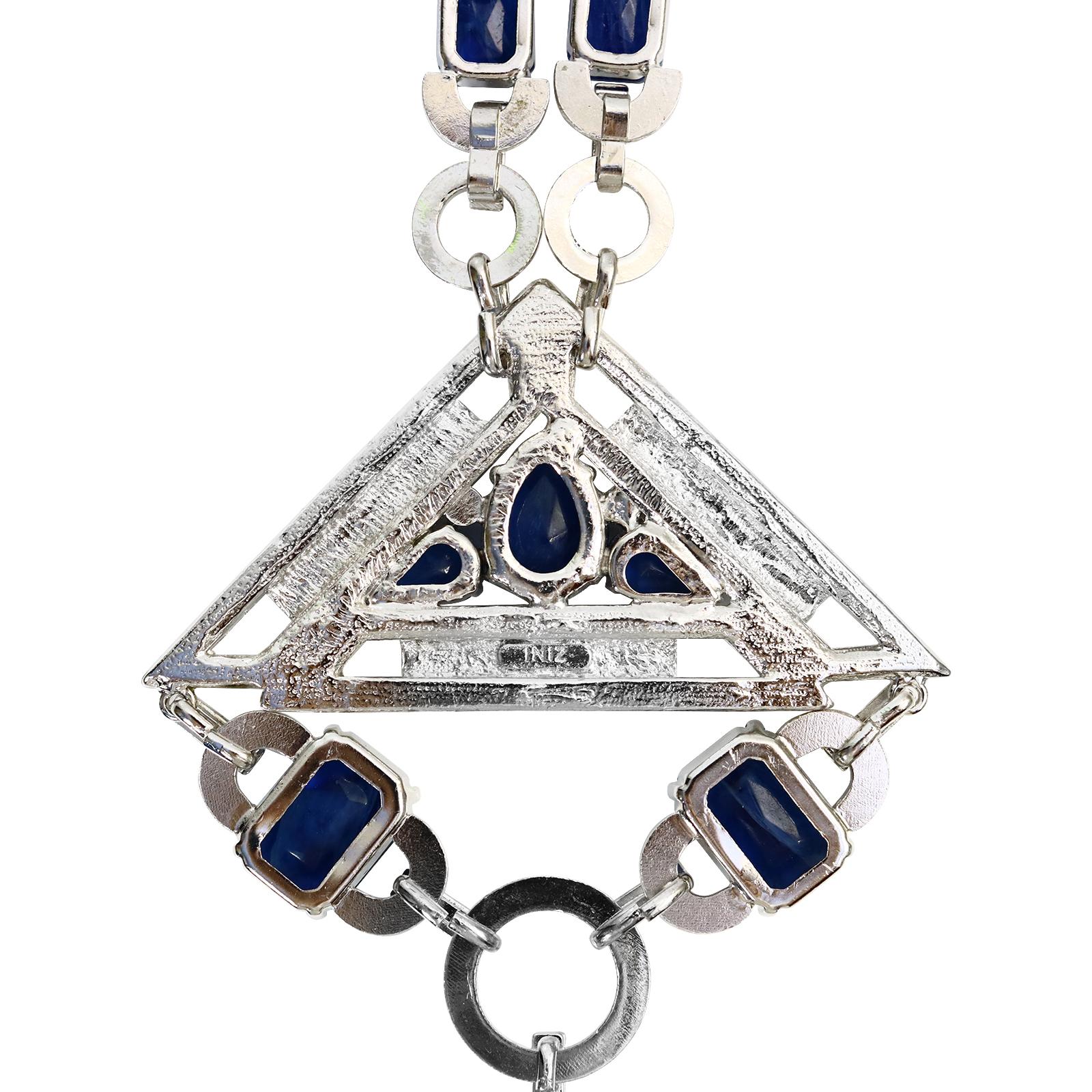 Vintage Carlo Zini Diamante and Blue Cabochon Dangling Necklace Circa 2000s For Sale 7