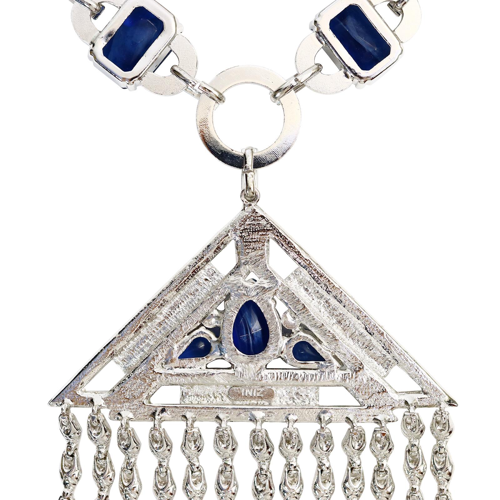 Vintage Carlo Zini Diamante and Blue Cabochon Dangling Necklace Circa 2000s For Sale 8