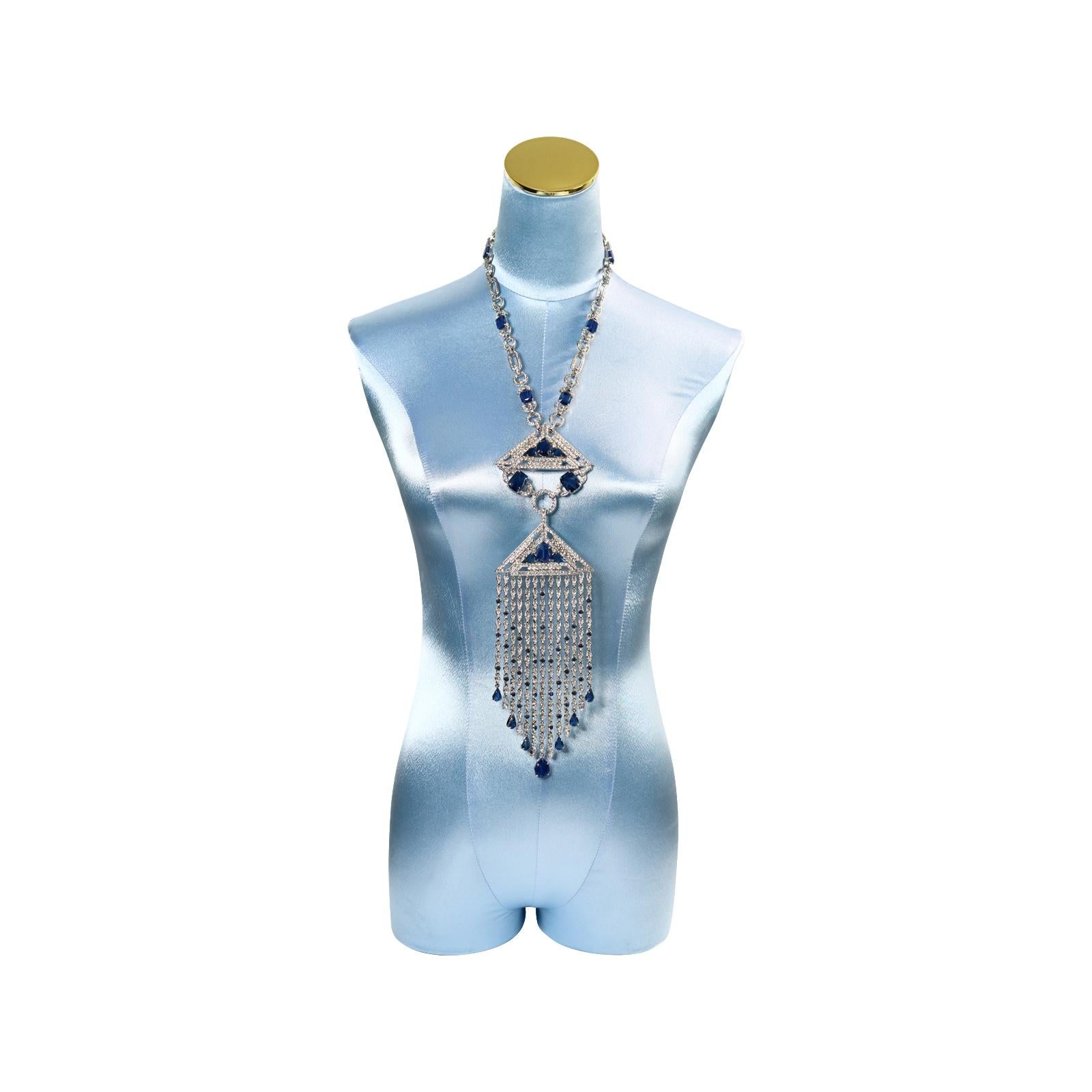 Artist Vintage Carlo Zini Diamante and Blue Cabochon Dangling Necklace Circa 2000s For Sale