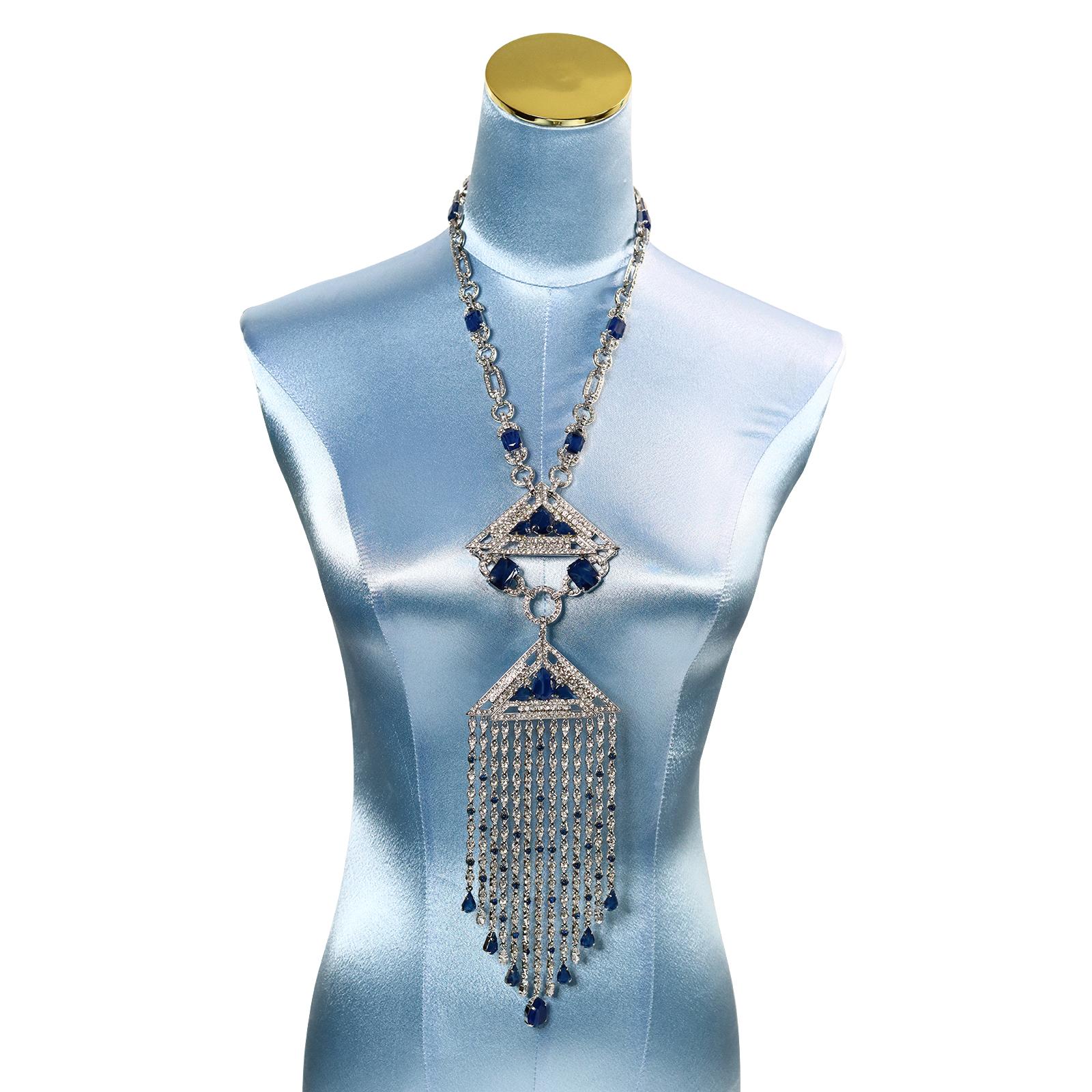 Vintage Carlo Zini Diamante and Blue Cabochon Dangling Necklace Circa 2000s In Excellent Condition For Sale In New York, NY