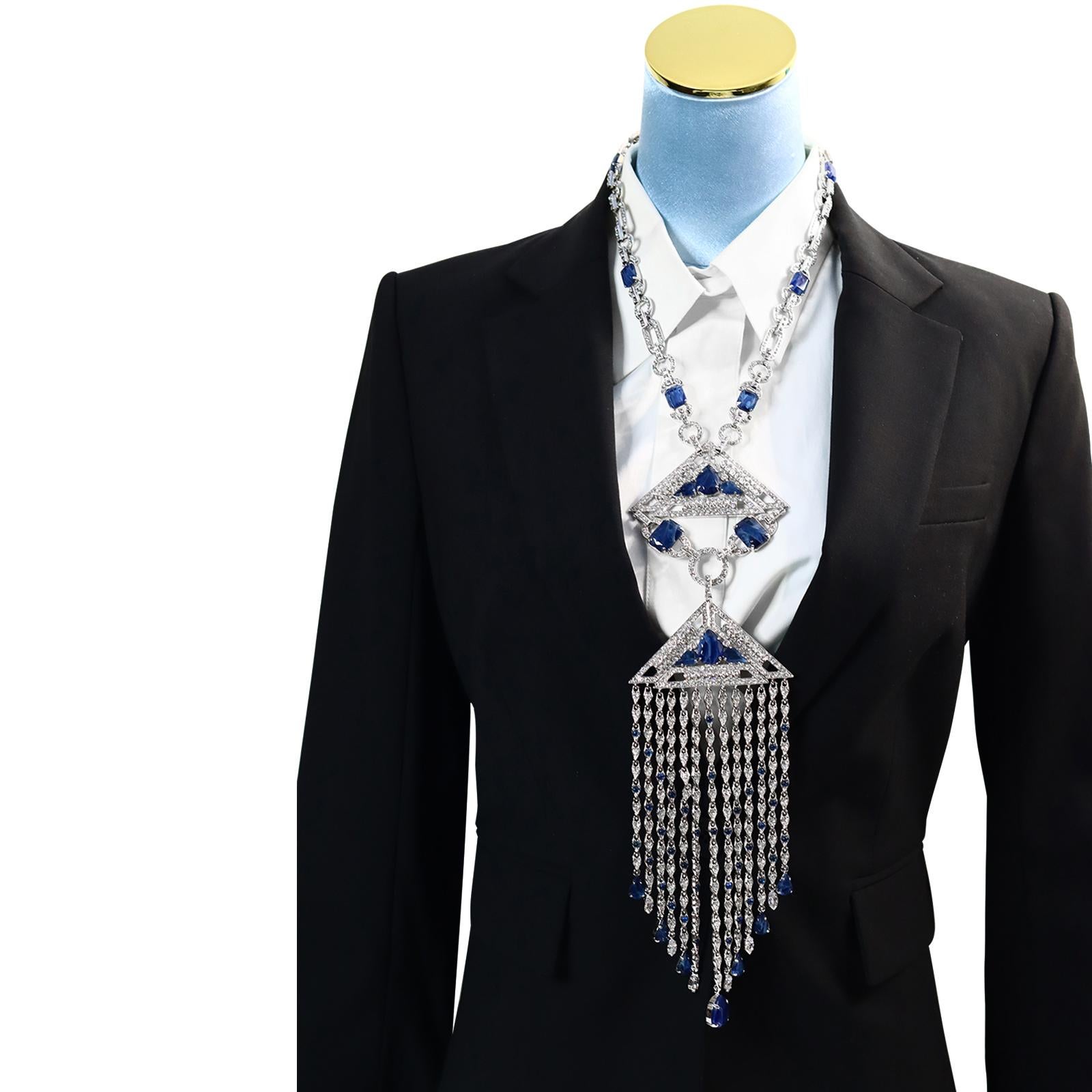 Women's or Men's Vintage Carlo Zini Diamante and Blue Cabochon Dangling Necklace Circa 2000s For Sale