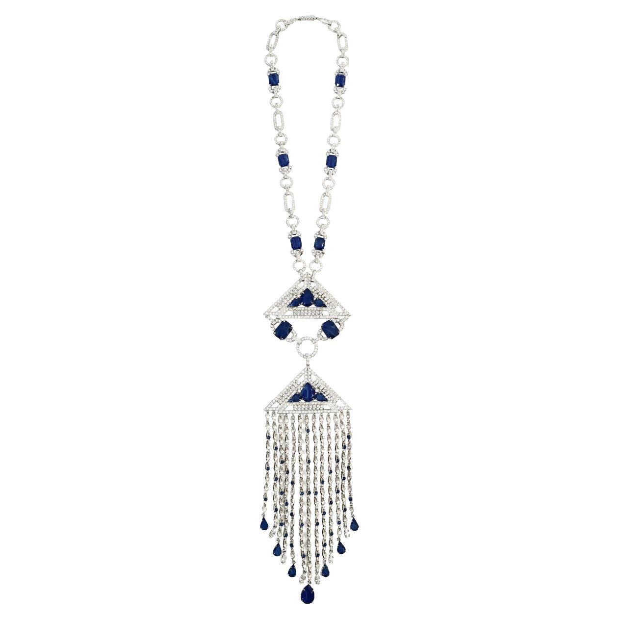 Vintage Carlo Zini Diamante and Blue Cabochon Dangling Necklace Circa 2000s For Sale 1