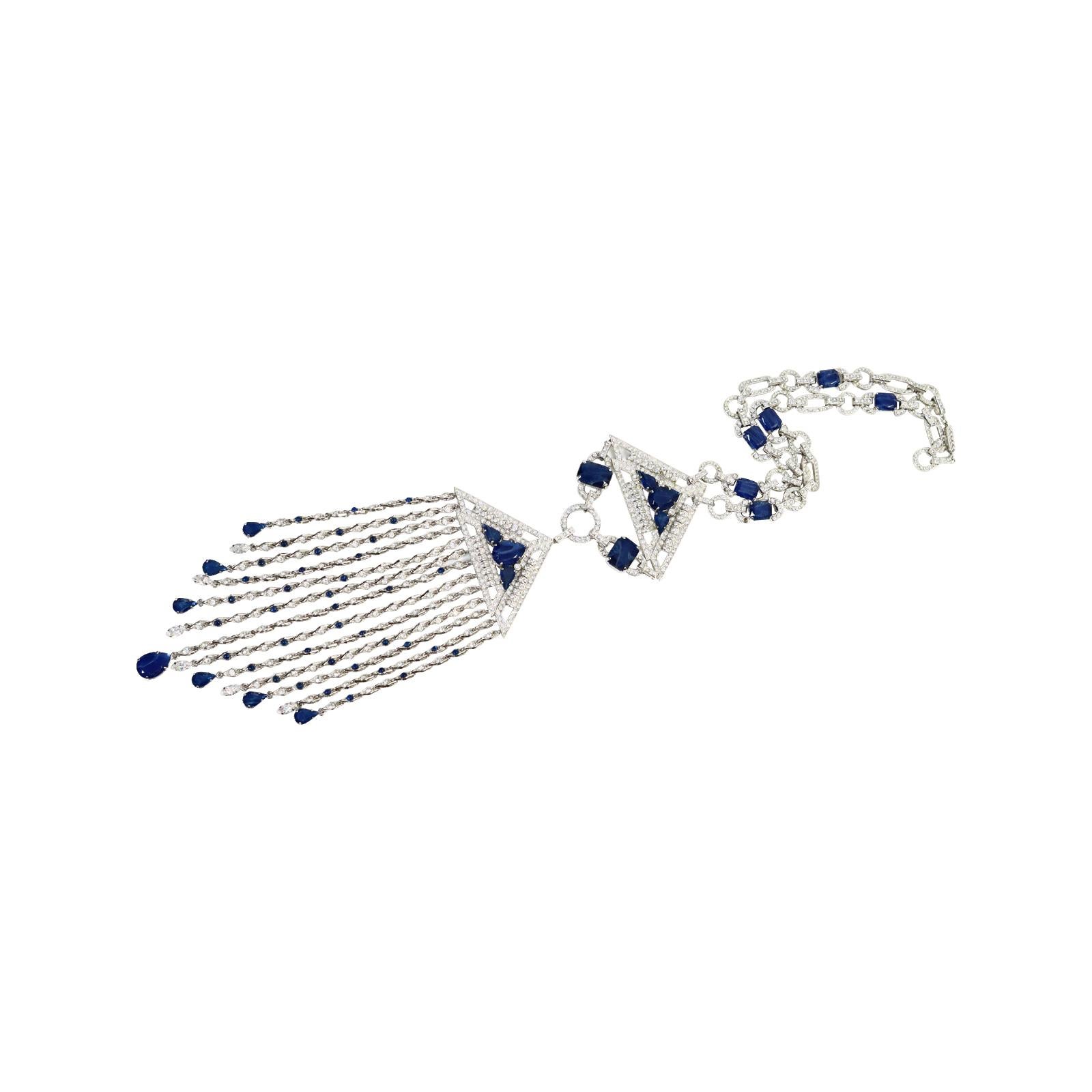 Vintage Carlo Zini Diamante and Blue Cabochon Dangling Necklace Circa 2000s For Sale 2