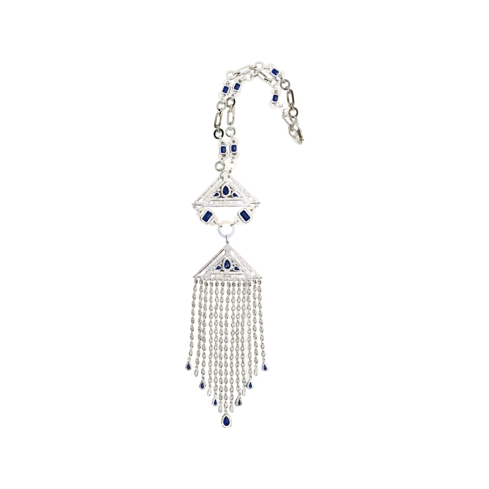 Vintage Carlo Zini Diamante and Blue Cabochon Dangling Necklace Circa 2000s For Sale 4