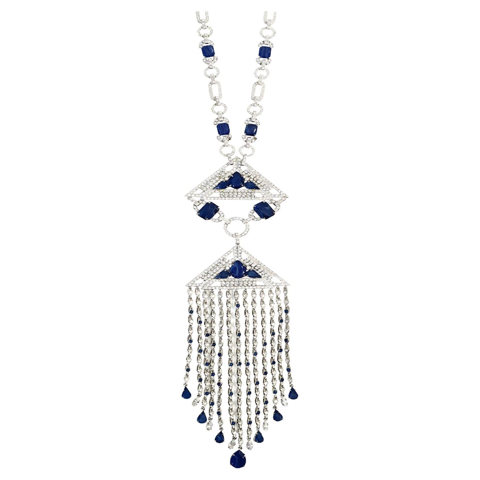 Vintage Carlo Zini Diamante and Blue Cabochon Dangling Necklace Circa 2000s