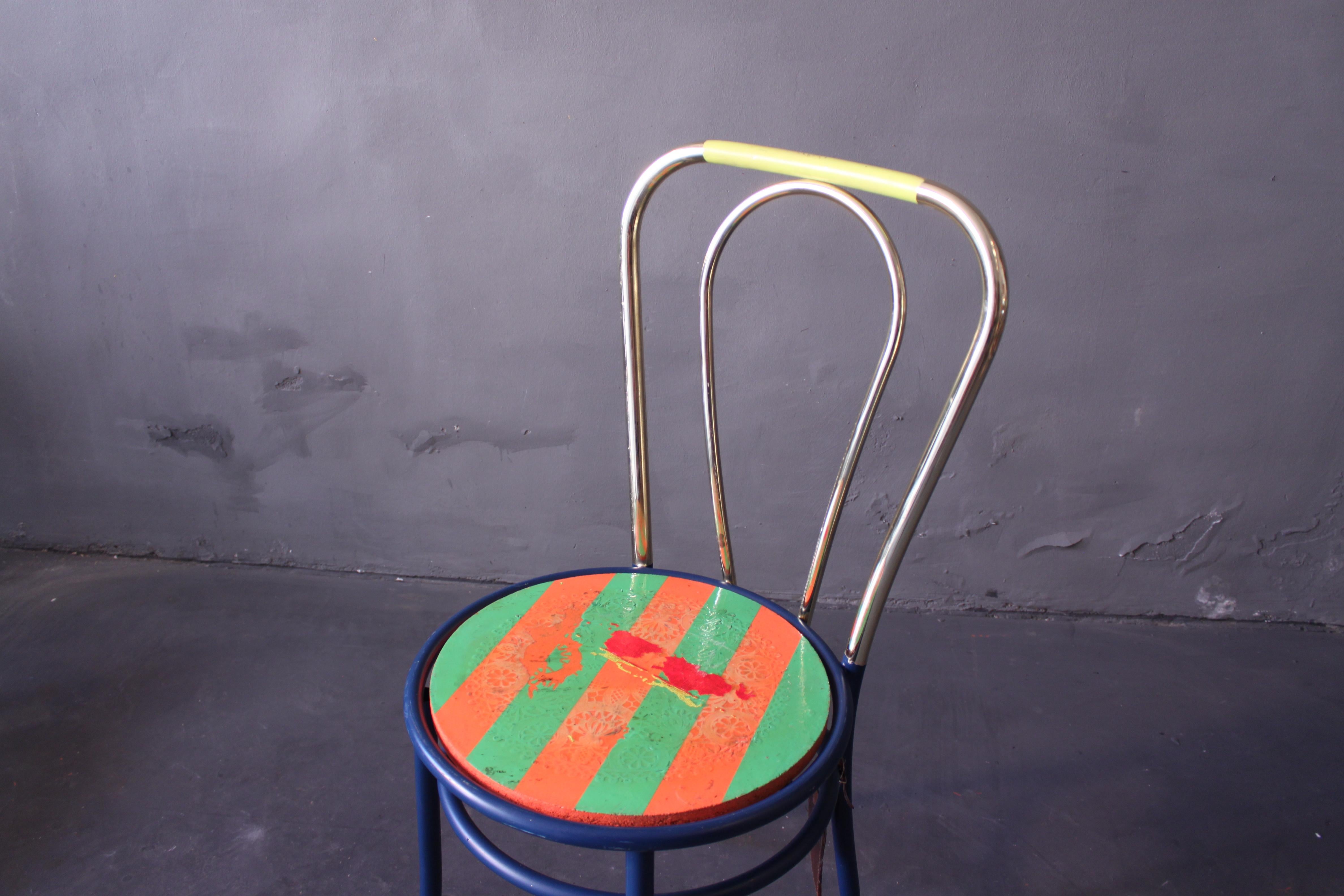 1980's remake of a classic Thonet chair, steel, chromed, seat artisticly painted in the manner of minimalism.
Through my work I transform each chair into a unique and individual object. Chairs that once were mass-produced and homogenous, become