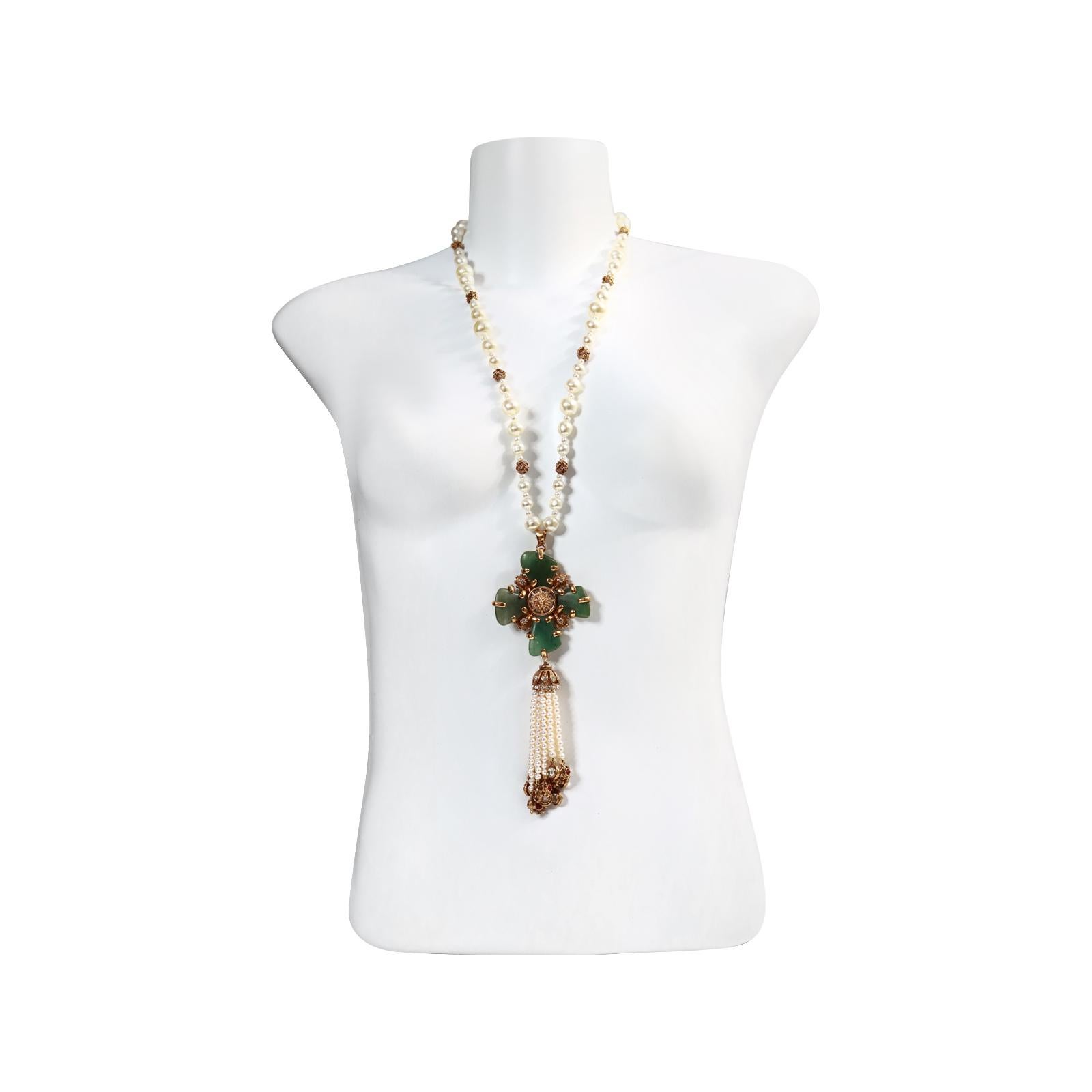 Collectible Chanel Couture Pearl with Green Cross and Dangling Pearls Circa 2005 For Sale 4