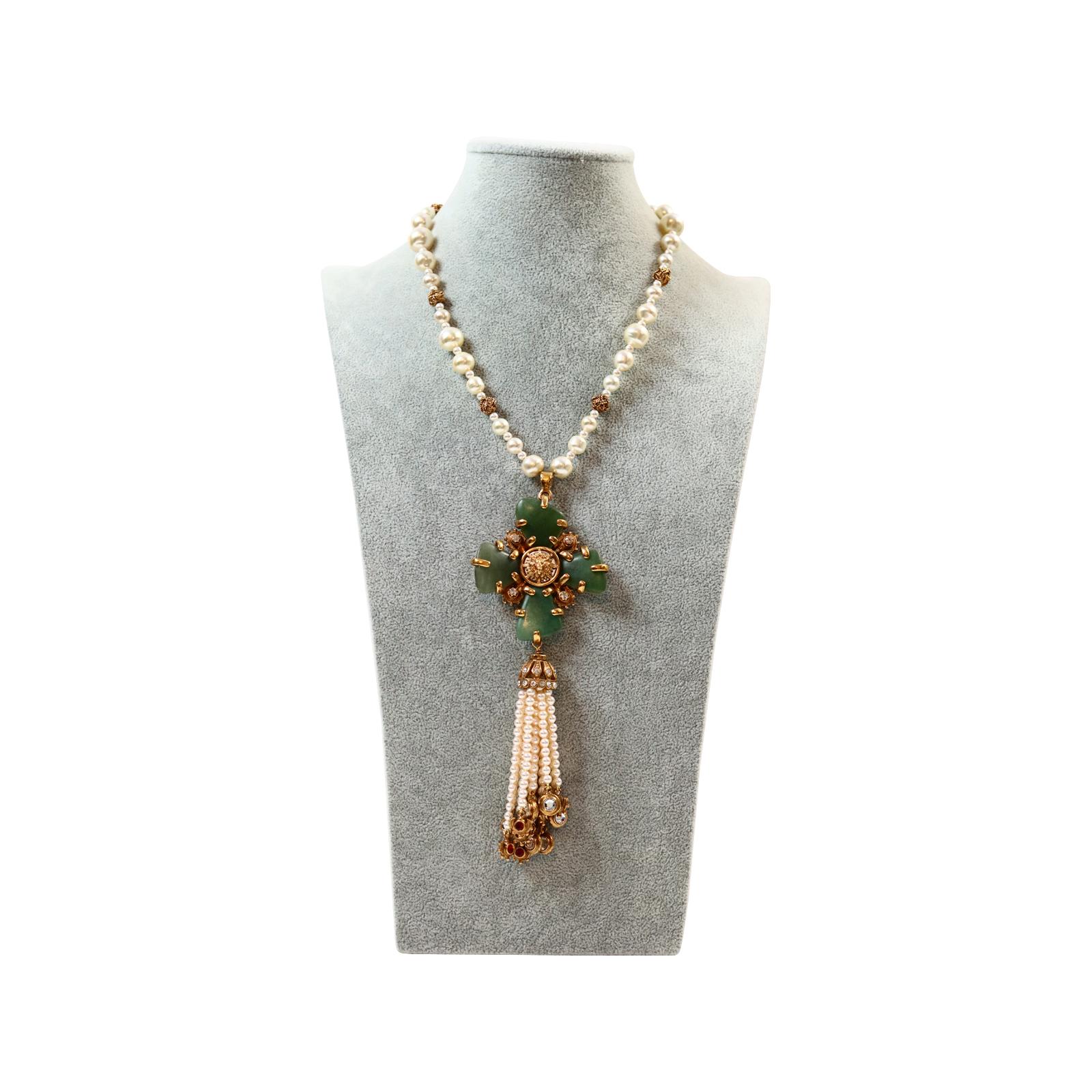 Artist Collectible Chanel Couture Pearl with Green Cross and Dangling Pearls Circa 2005 For Sale