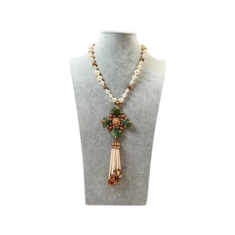 Collectible Chanel Couture Pearl with Green Cross and Dangling Pearls Circa 2005 In Excellent Condition For Sale In New York, NY