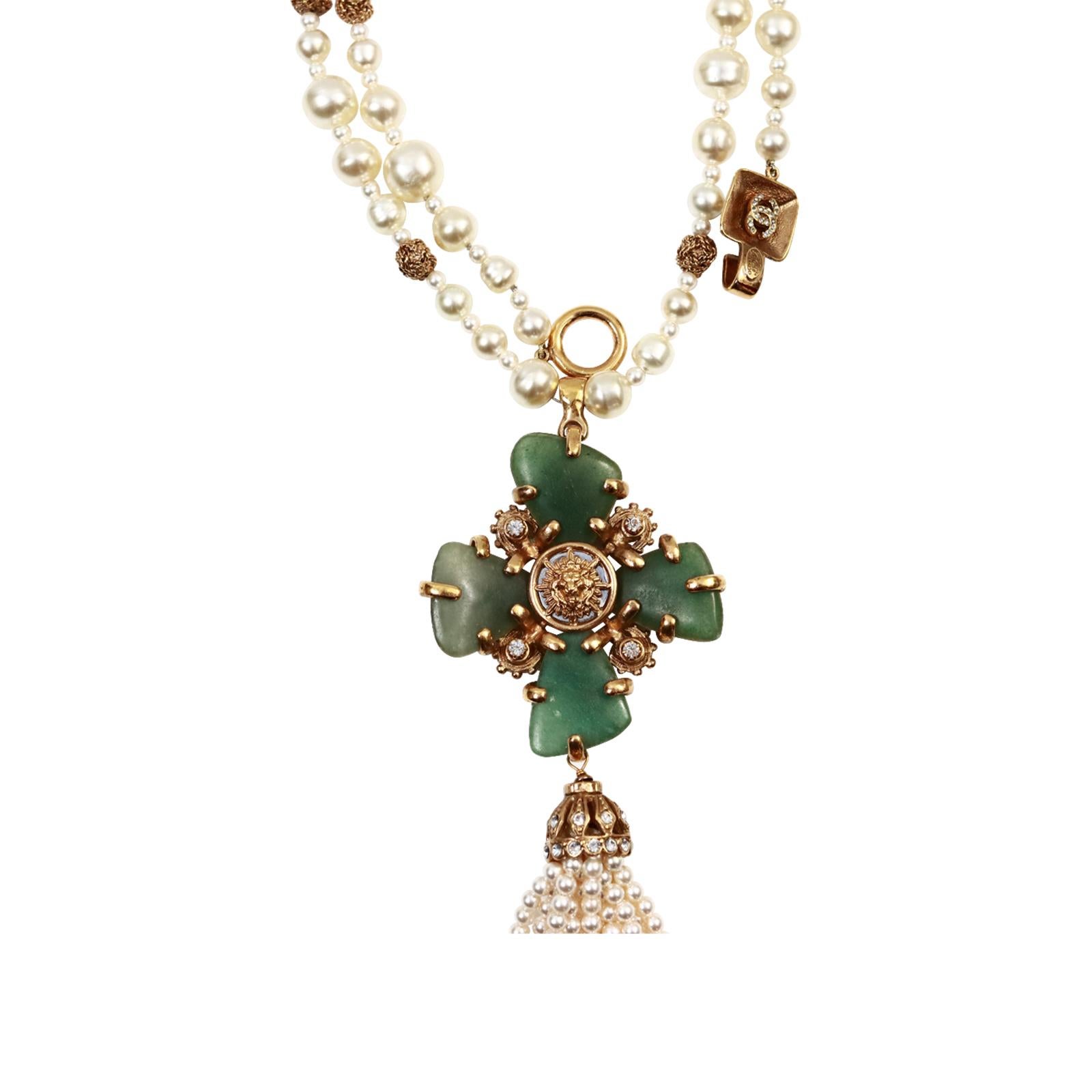 Collectible Chanel Couture Pearl with Green Cross and Dangling Pearls Circa 2005 For Sale 6