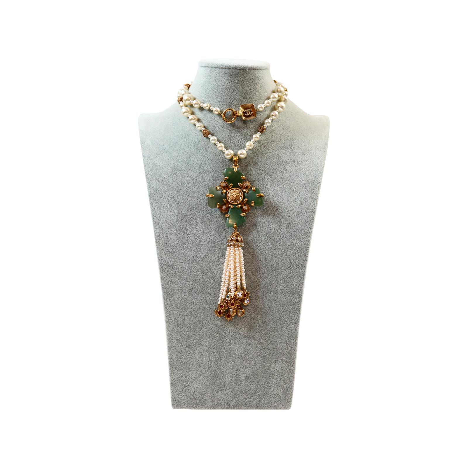 Collectible Chanel Couture Pearl with Green Cross and Dangling Pearls Circa 2005 For Sale 7