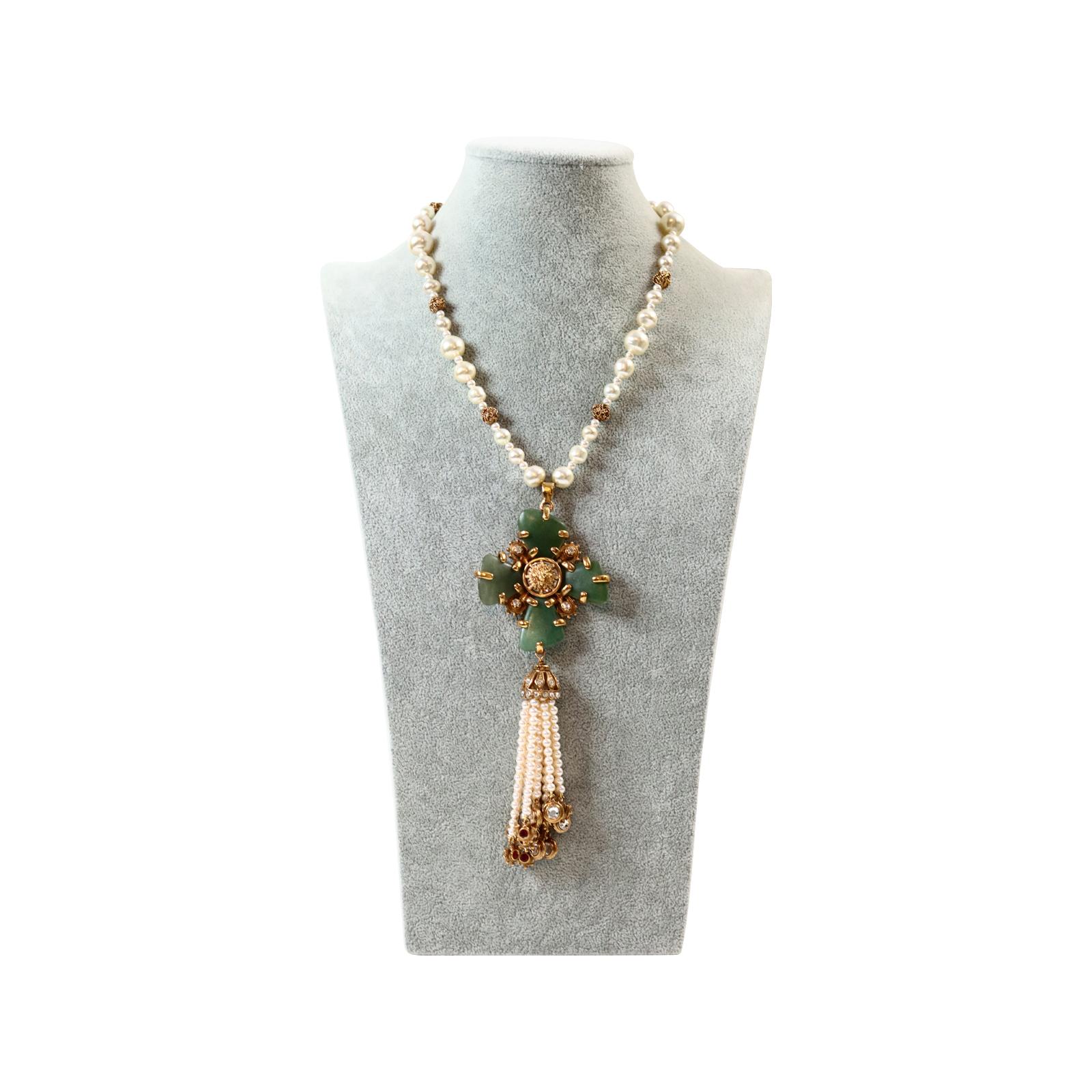 Women's or Men's Collectible Chanel Couture Pearl with Green Cross and Dangling Pearls Circa 2005 For Sale