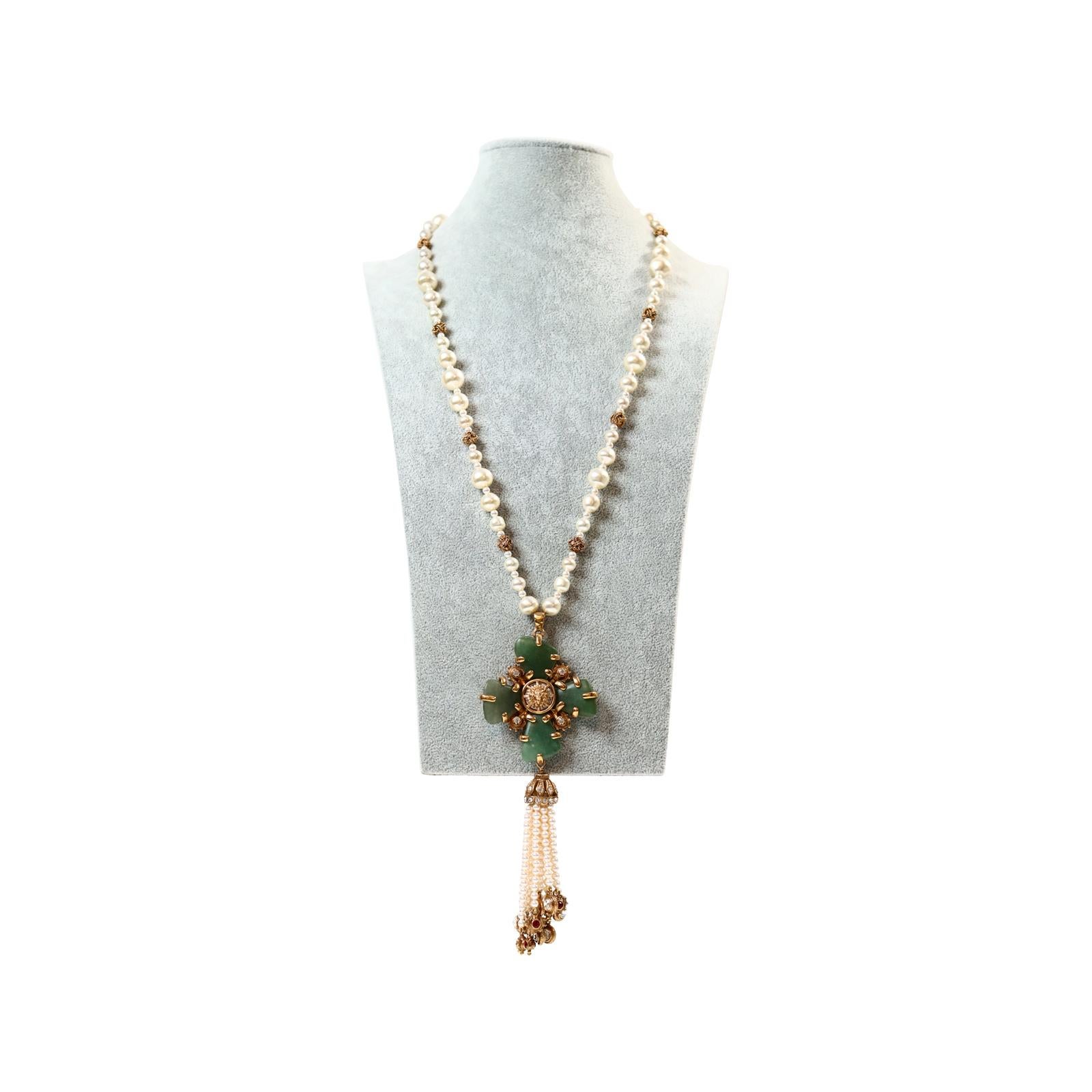 Collectible Chanel Couture Pearl with Green Cross and Dangling Pearls Circa 2005 For Sale 8