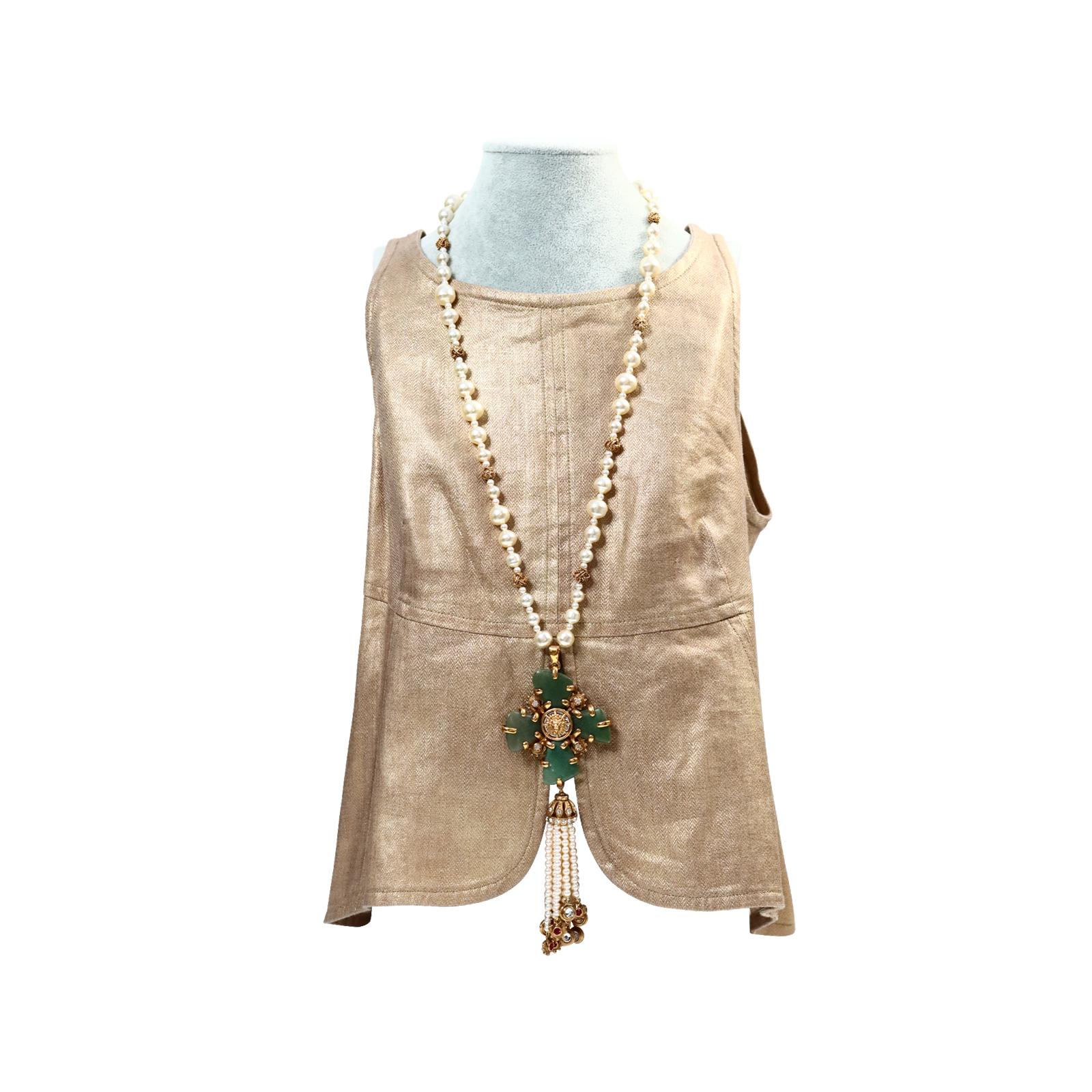 Collectible Chanel Couture Pearl with Green Cross and Dangling Pearls Circa 2005 For Sale 9