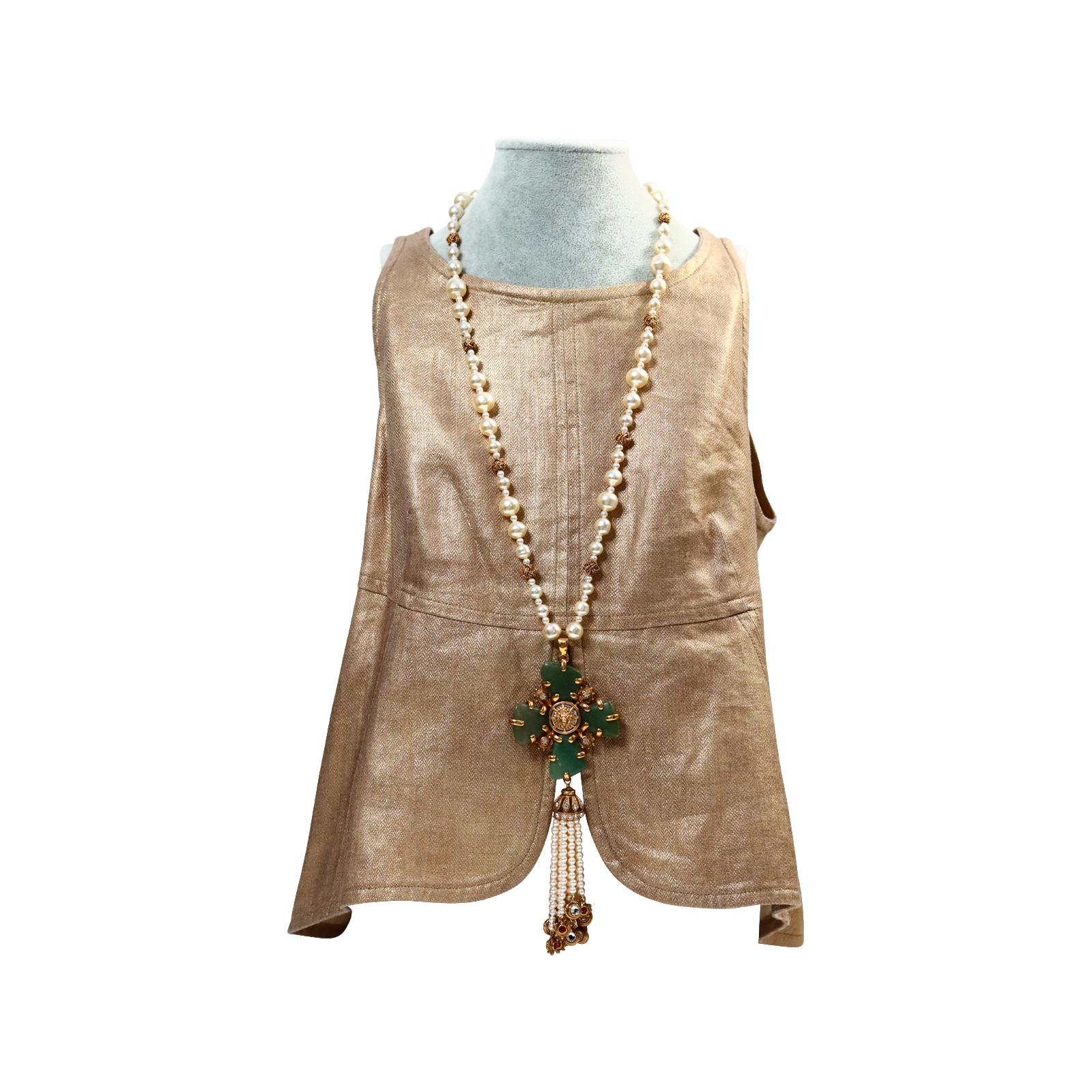 Collectible Chanel Couture Pearl with Green Cross and Dangling Pearls Circa 2005 For Sale 10