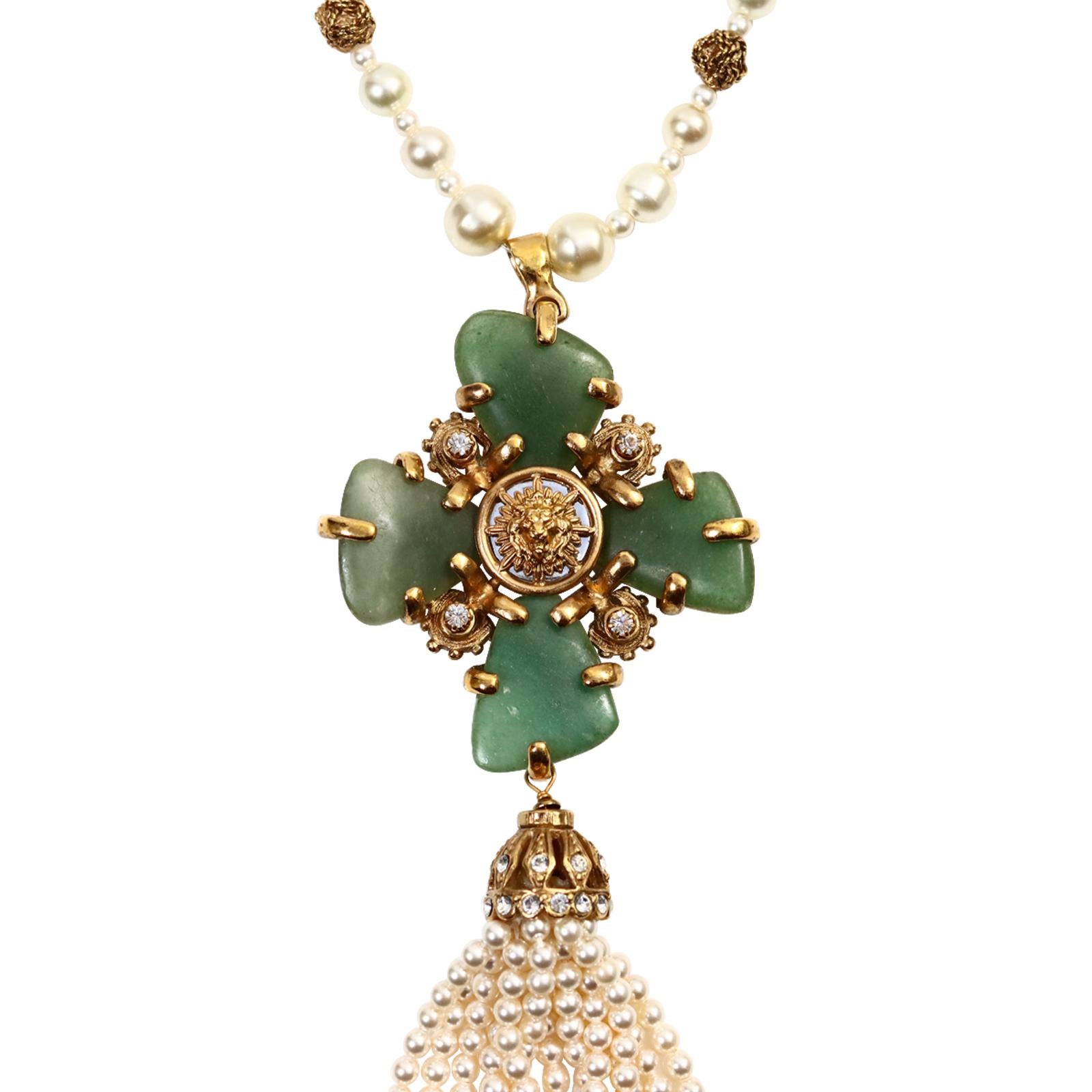 Collectible Chanel Couture Pearl with Green Cross and Dangling Pearls Circa 2005 For Sale 9