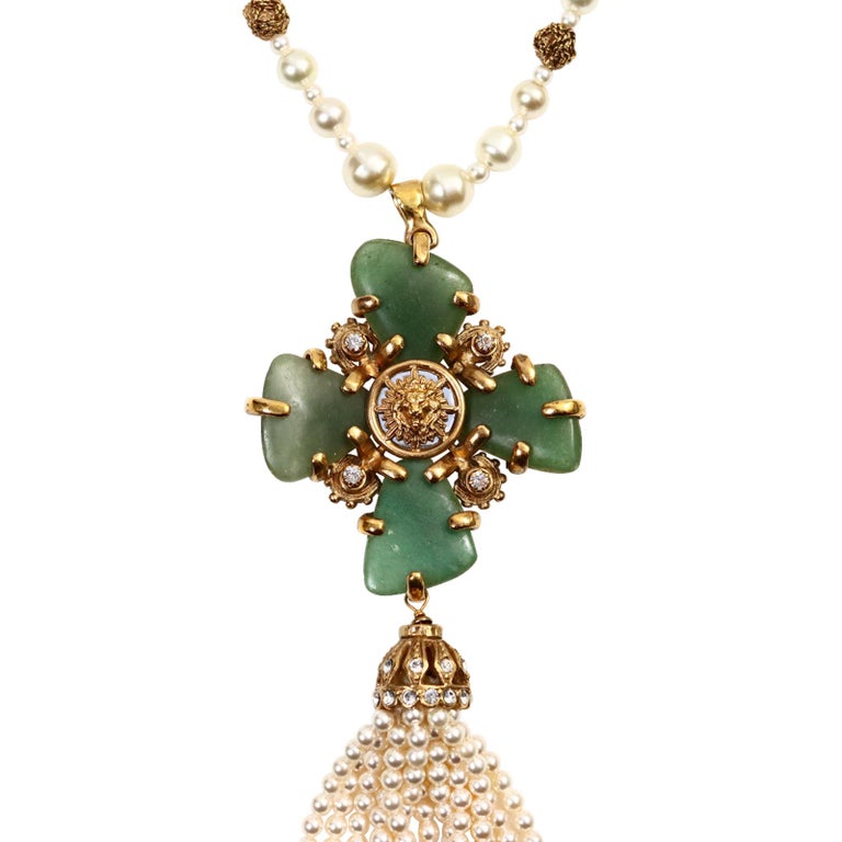 Collectible Chanel Couture Pearl with Green Cross and Dangling Pearls Circa 2005 For Sale 10