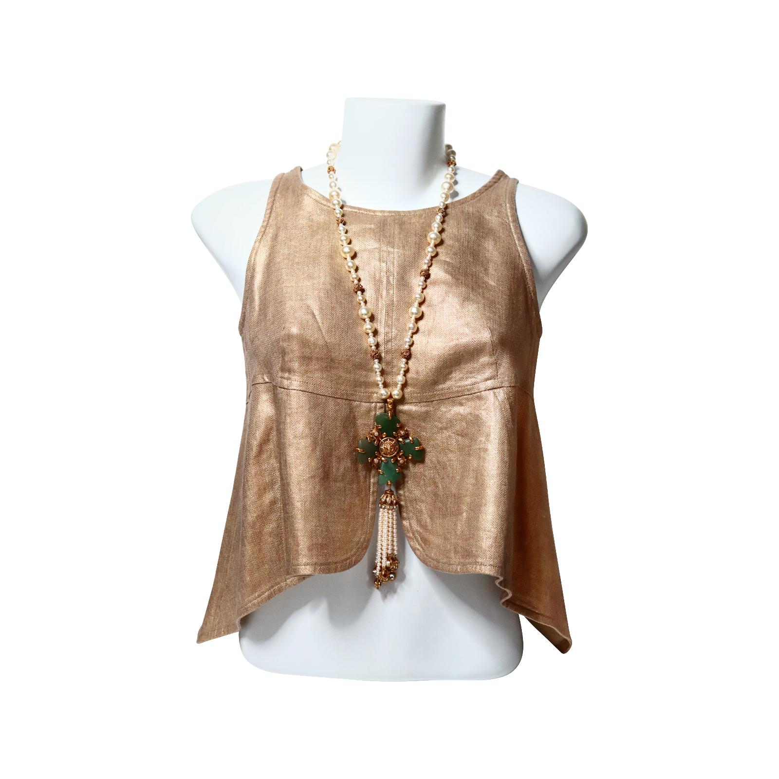 Collectible Chanel Couture Pearl with Green Cross and Dangling Pearls Circa 2005 For Sale 11