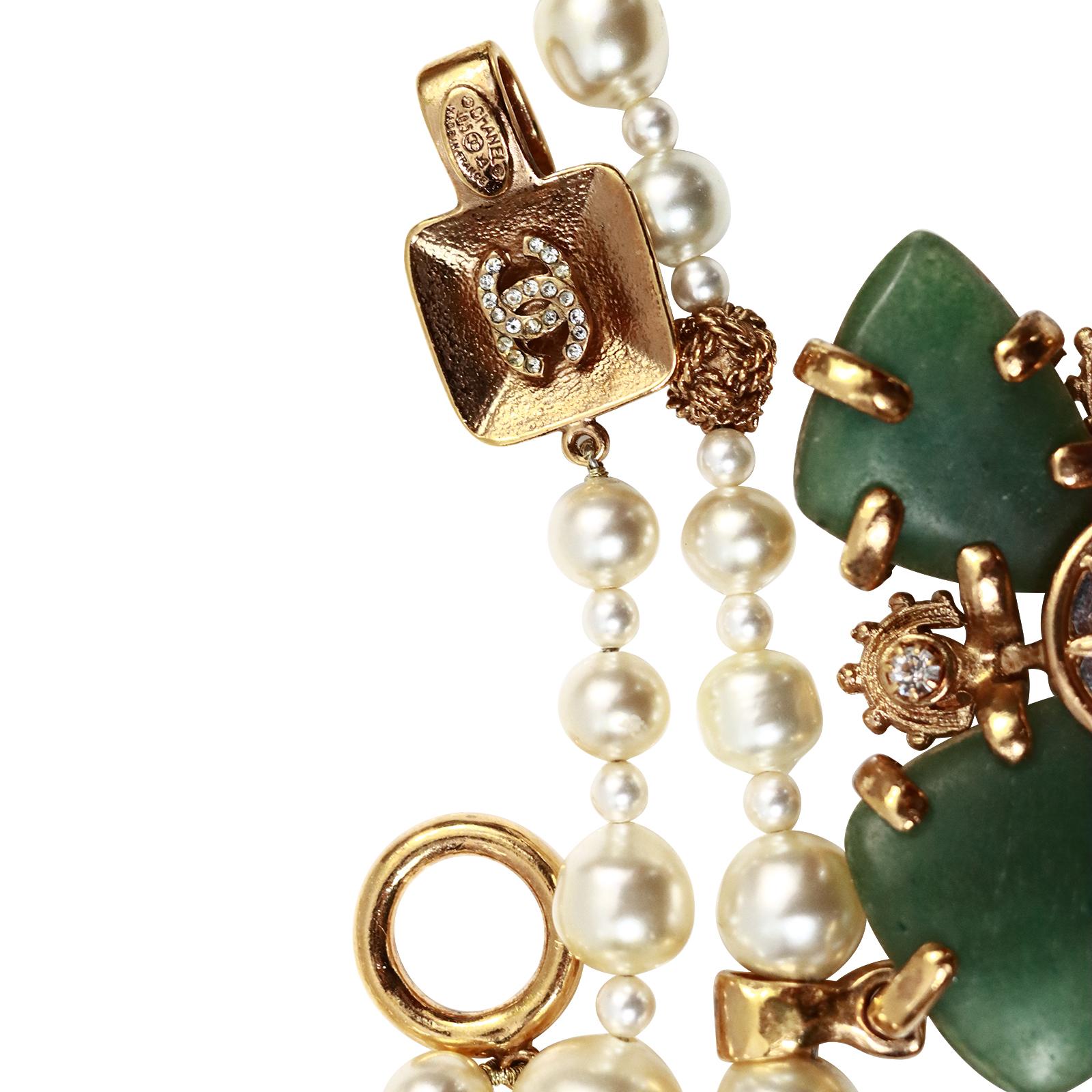 Collectible Chanel Couture Pearl with Green Cross and Dangling Pearls Circa 2005 For Sale 11