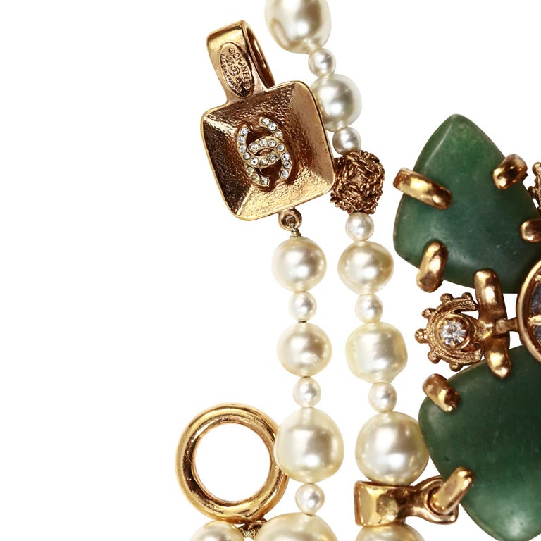 Collectible Chanel Couture Pearl with Green Cross and Dangling Pearls Circa 2005 For Sale 12