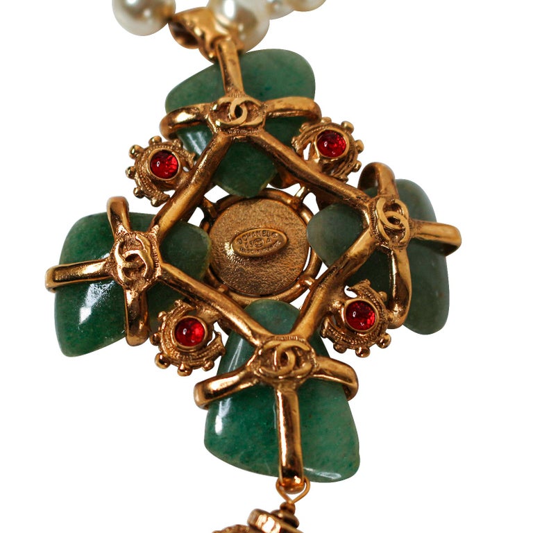 Collectible Chanel Couture Pearl with Green Cross and Dangling Pearls Circa 2005 For Sale 13