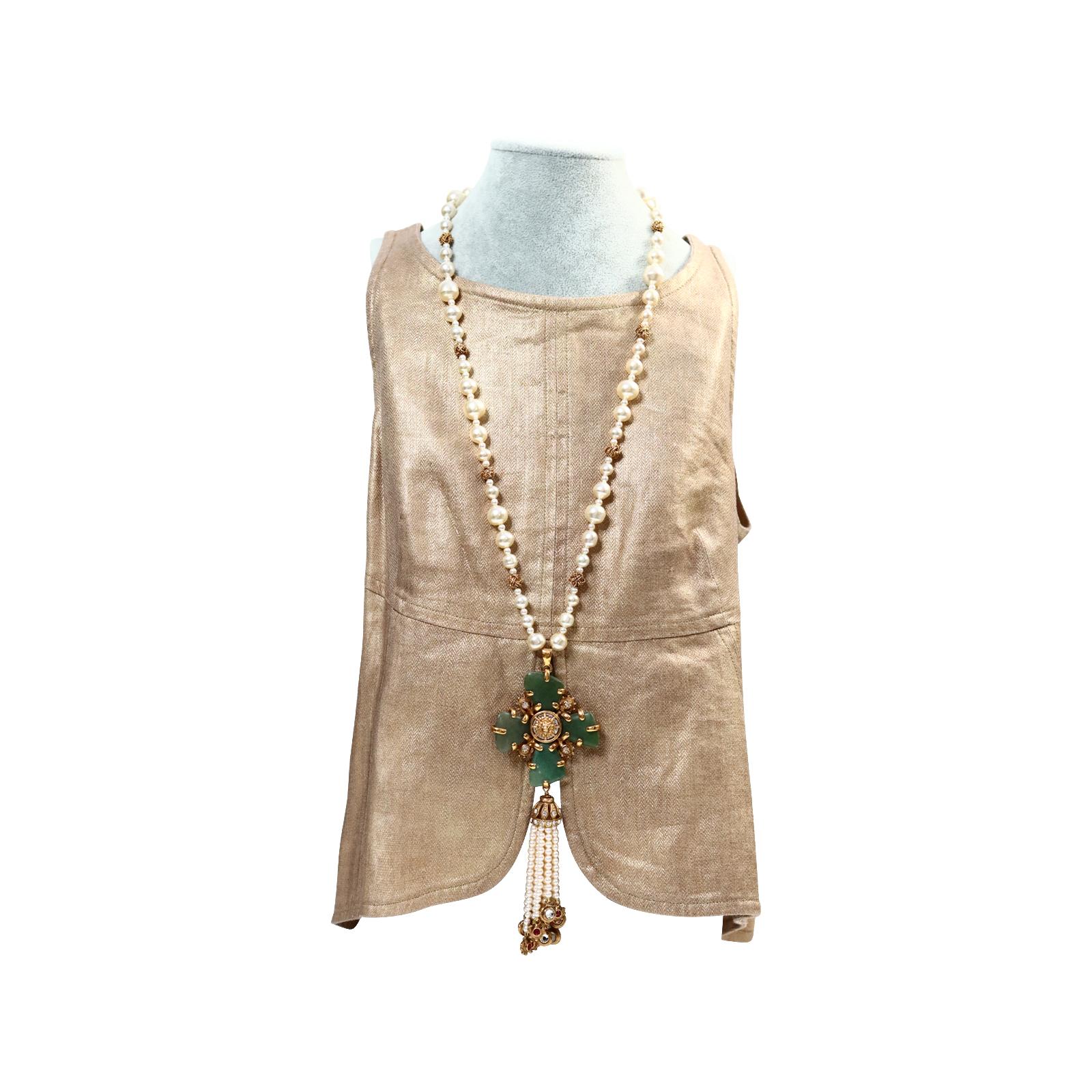 Collectible Chanel Couture Pearl with Green Cross and Dangling Pearls Circa 2005 For Sale 3