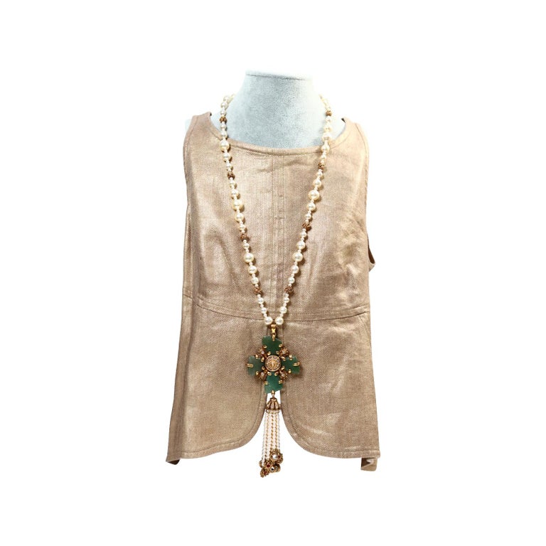 Collectible Chanel Couture Pearl with Green Cross and Dangling Pearls Circa 2005 For Sale 4