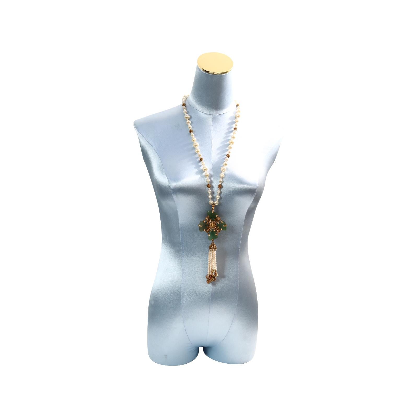 Women's or Men's Collectible Chanel Couture Pearl with Green Cross and Dangling Pearls Circa 2005 For Sale