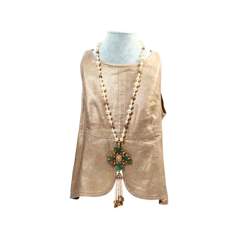 Collectible Chanel Couture Pearl with Green Cross and Dangling Pearls Circa 2005 For Sale 5