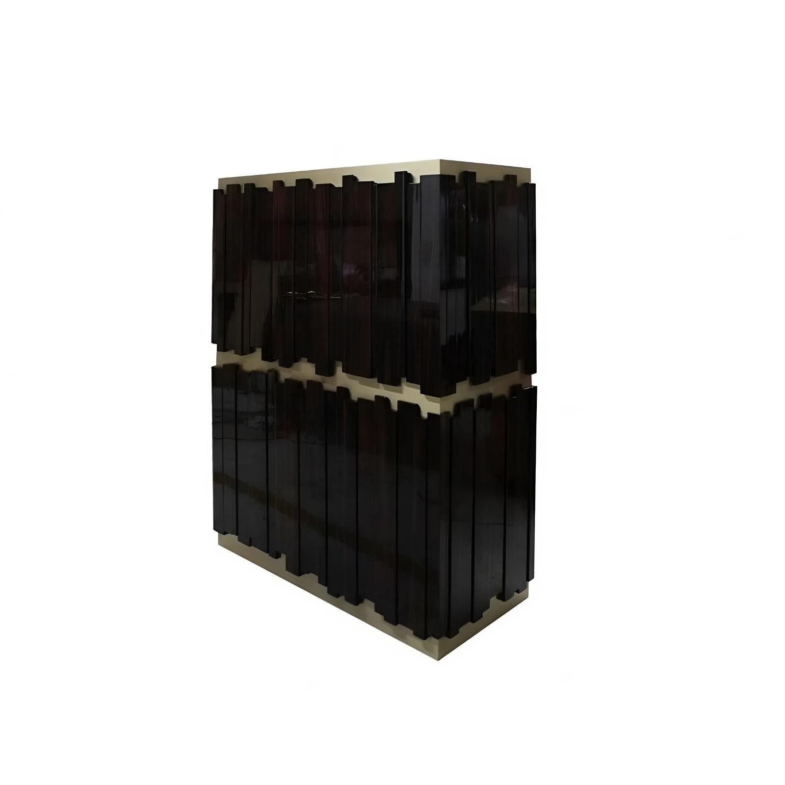 Hand-Crafted Collectible Design Bar Cabinet-High Gloss Natural Ebony Wood with Brass Frame For Sale