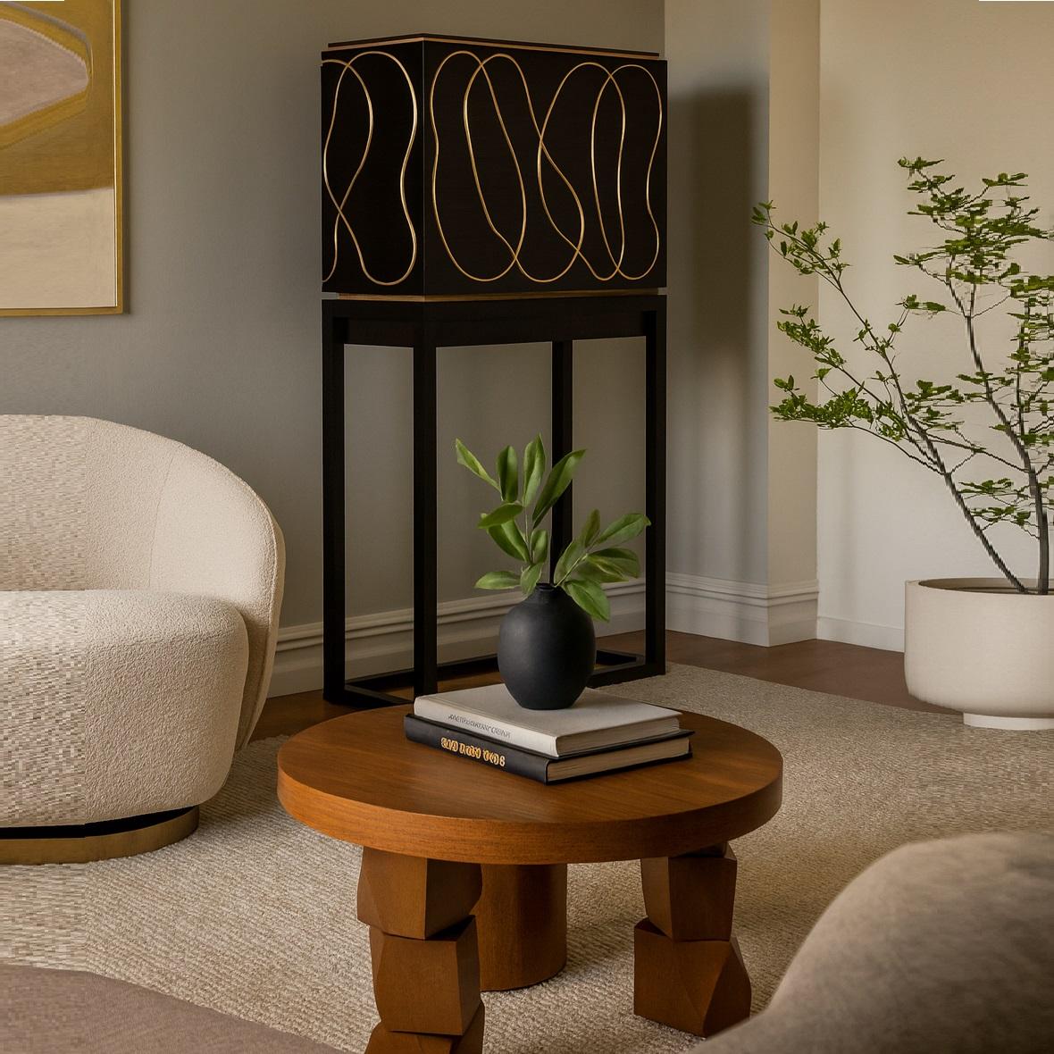Portuguese Collectible Design Ebony Wood Cabinet with Brass Detailing, Customizable For Sale