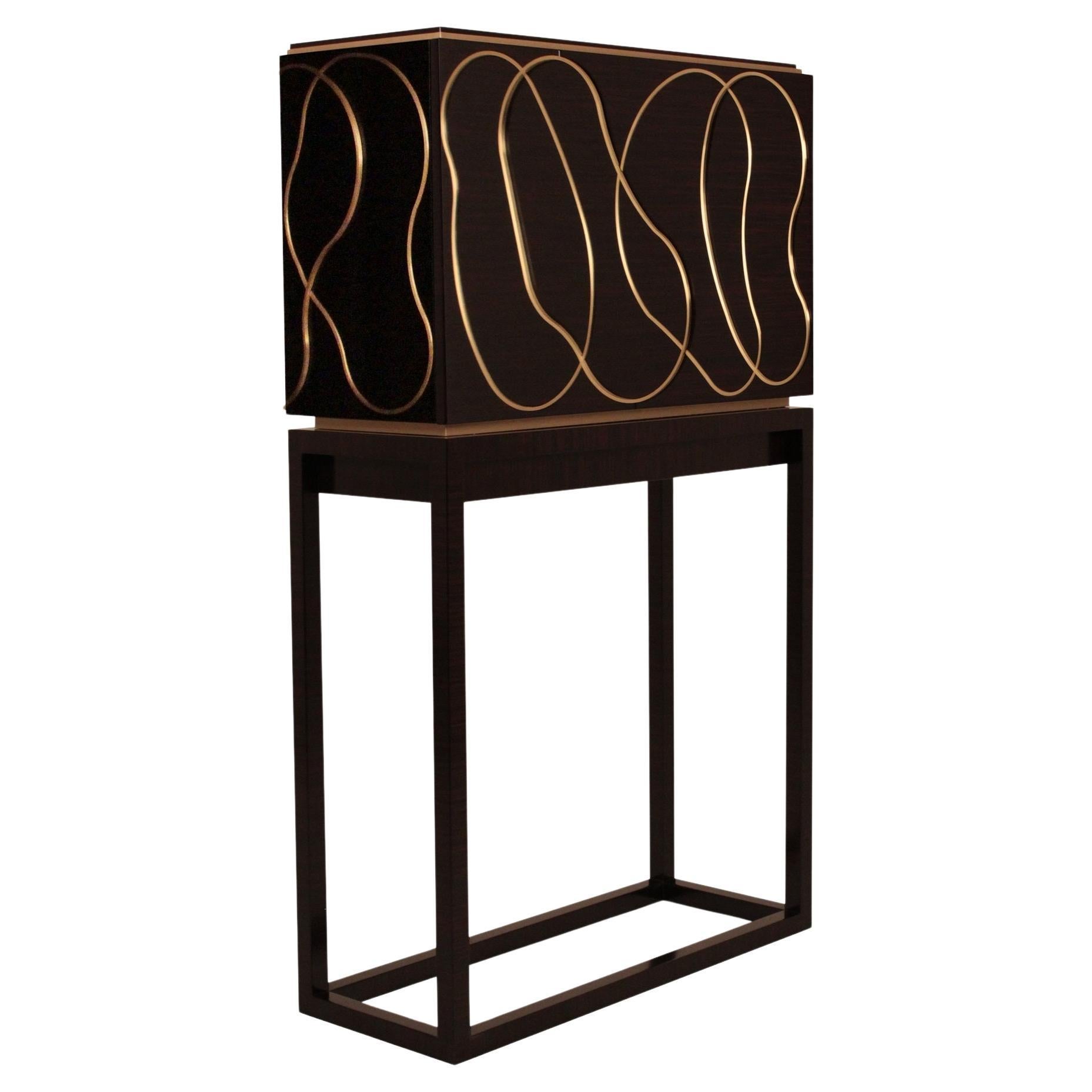Collectible Design Ebony Wood Cabinet with Brass Detailing, Customizable For Sale