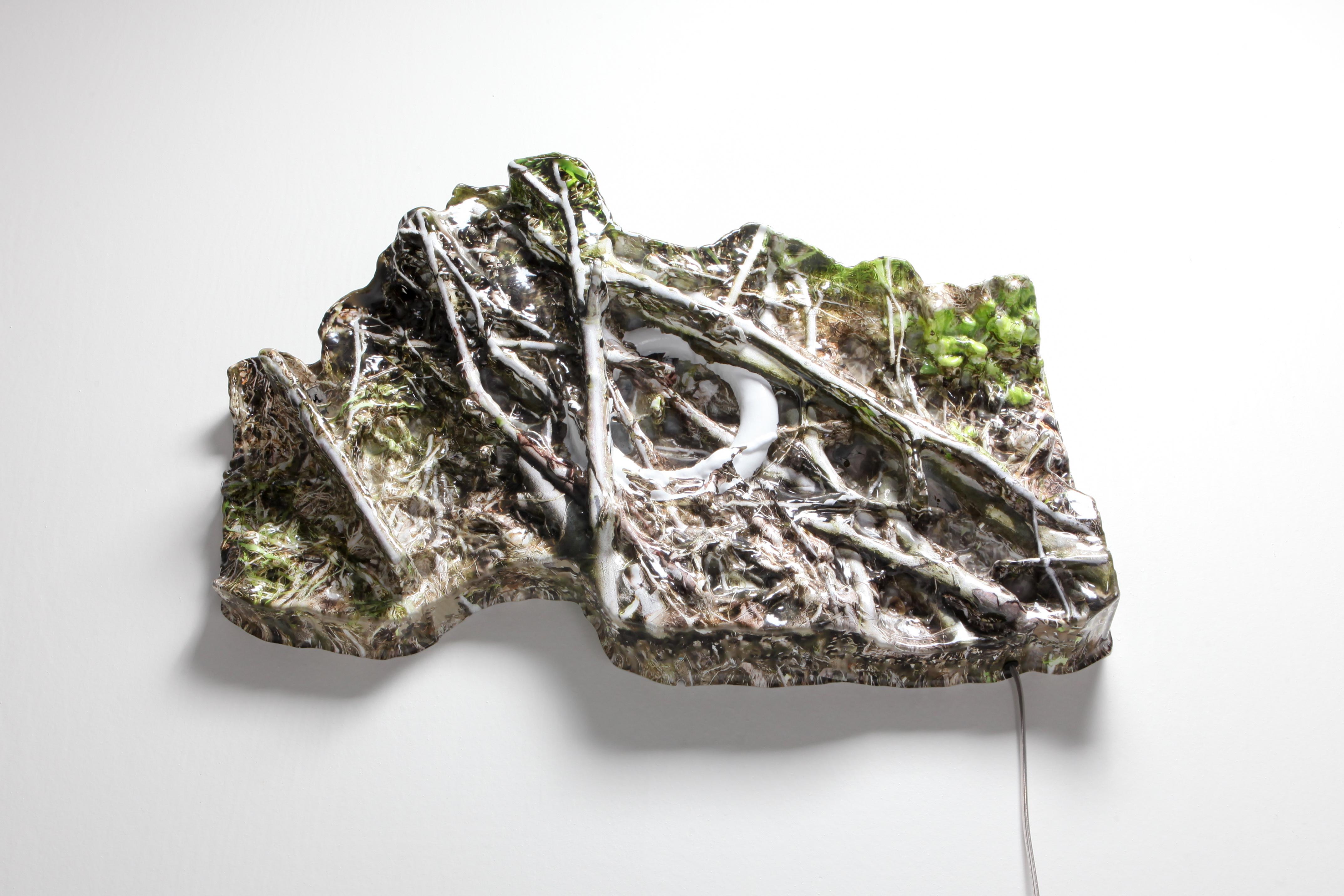 Contemporary functional art piece by Janne Schimmel, 2018
from the 'Out of the ordinary' series 
'Forest' is referring to nature
3D scanned and brought back into the real world by vacuum forming a digital print
on view at Everyday Gallery's show