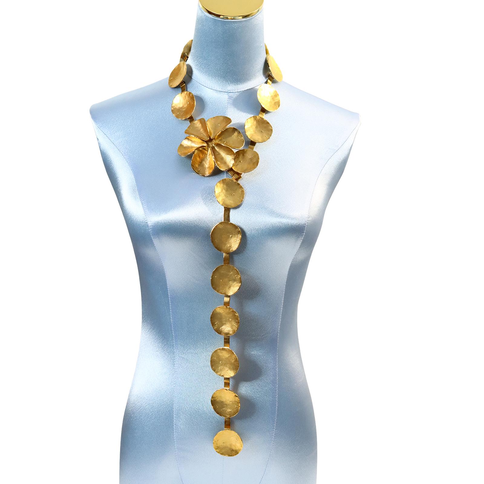 Dior Gilded Flower and disc Necklace or Belt.  Large Flower at Top and lots of discs on links follow below. It can be looped at neck for long choker like look or lower for long necklace.  Then it can be looped around hips or waist for a belt. Flower