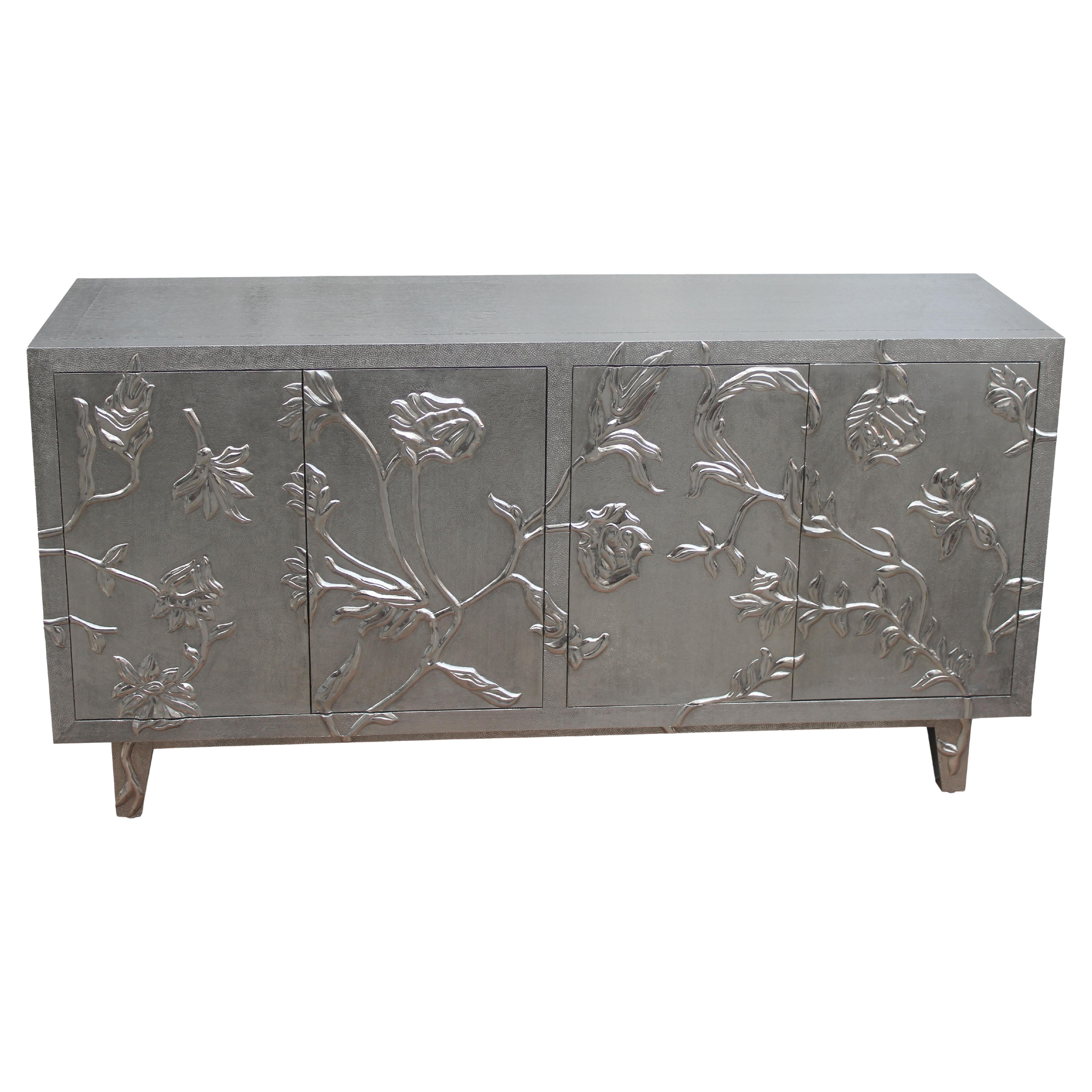 Collectible Fine Hammered White Bronze Floral Sideboard – Metal Clad Credenza