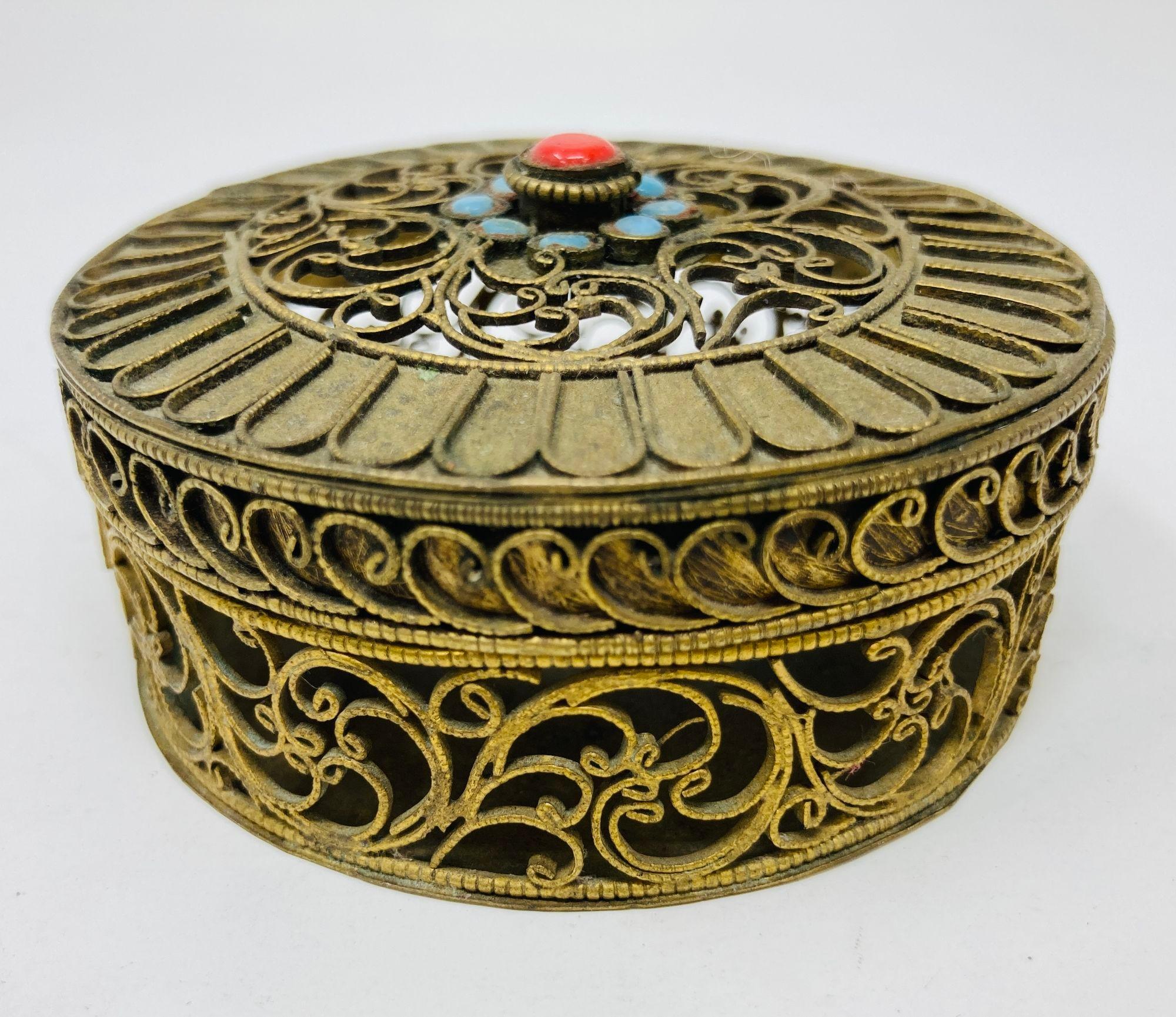 Chinese Export Collectible Gilt Metal Tibetan Box with Turquoise 1950s For Sale