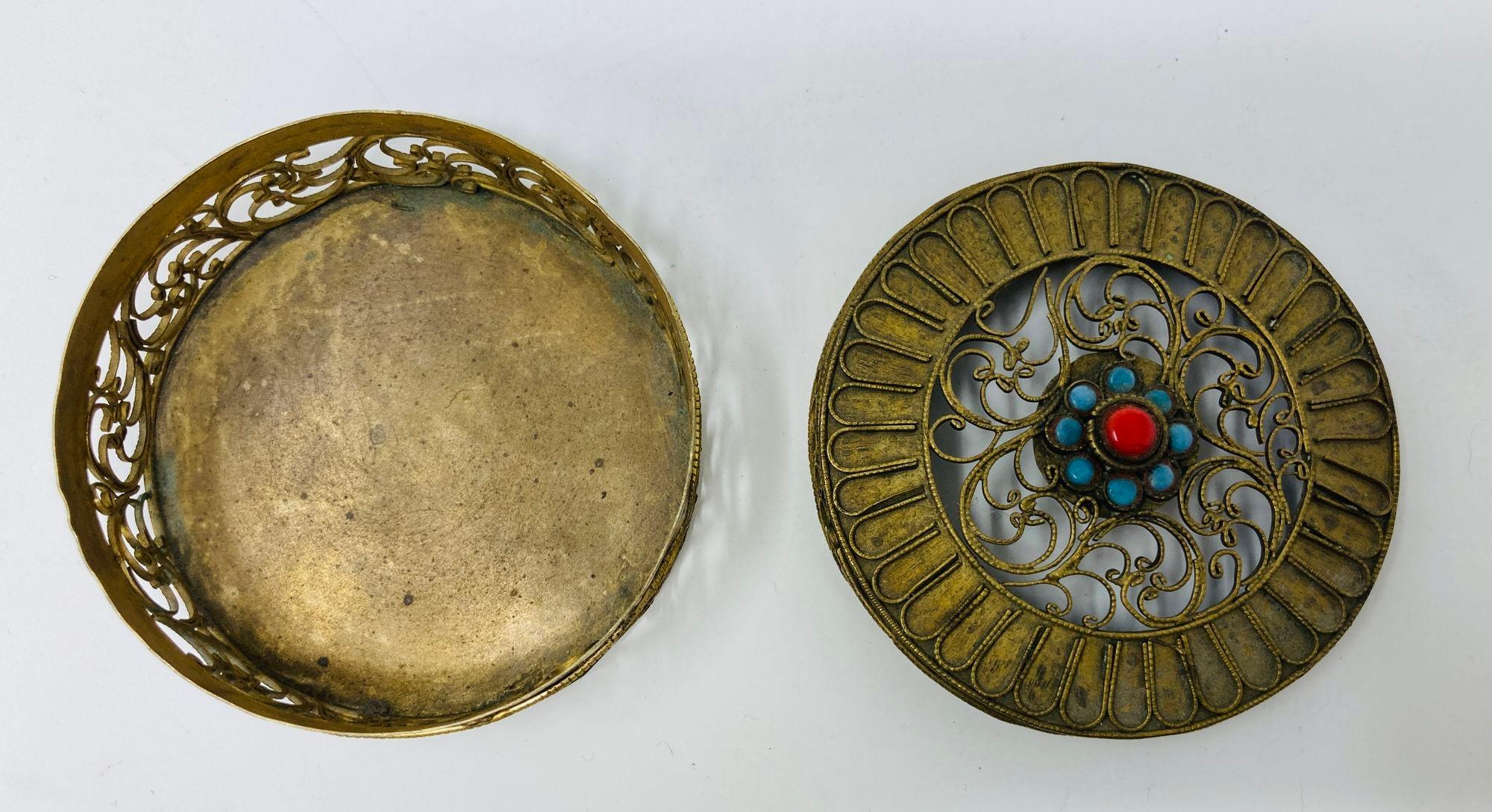 Nepalese Collectible Gilt Metal Tibetan Box with Turquoise 1950s For Sale